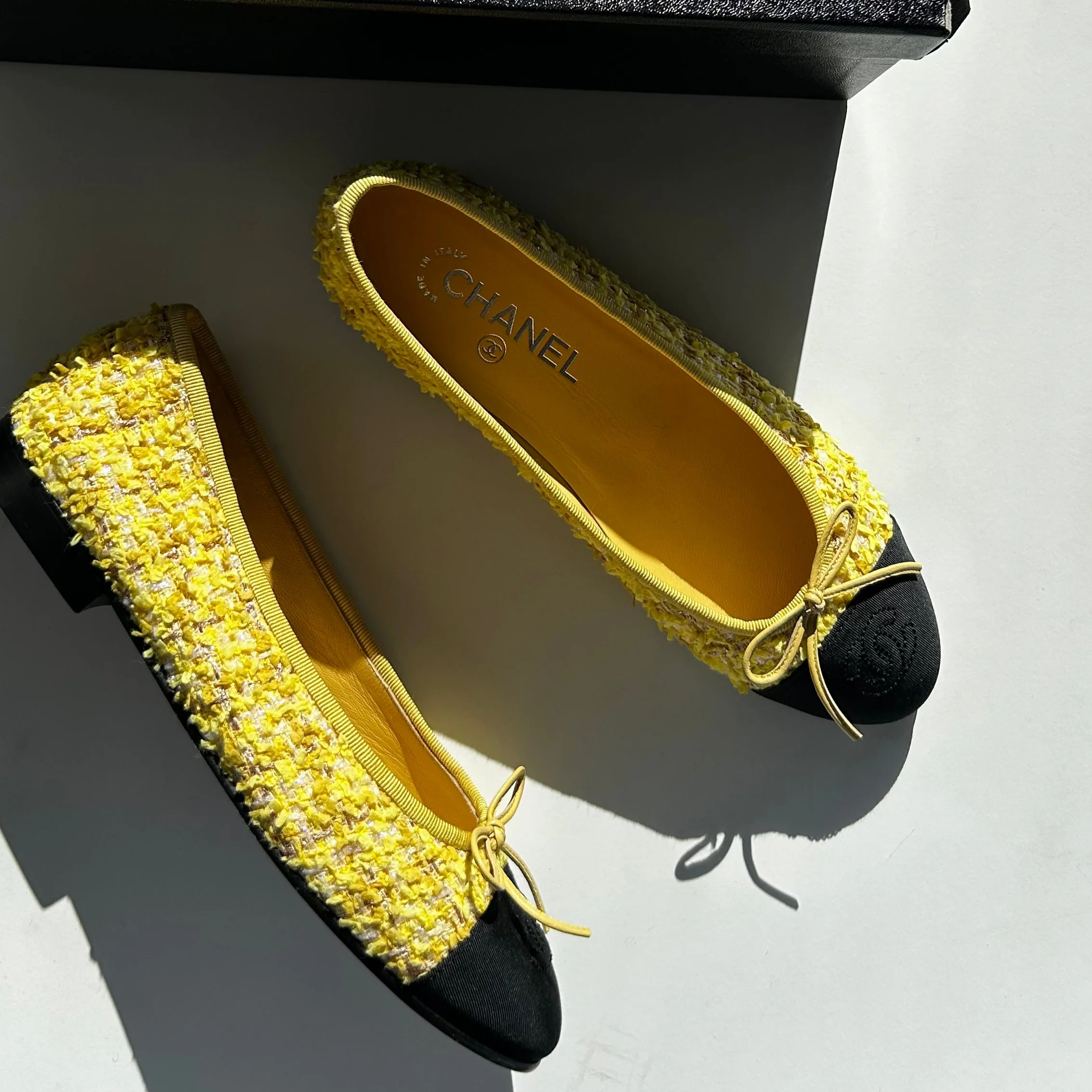 Chanel Yellow Tweedy Black Toe Ballerina Shoes - Image 2