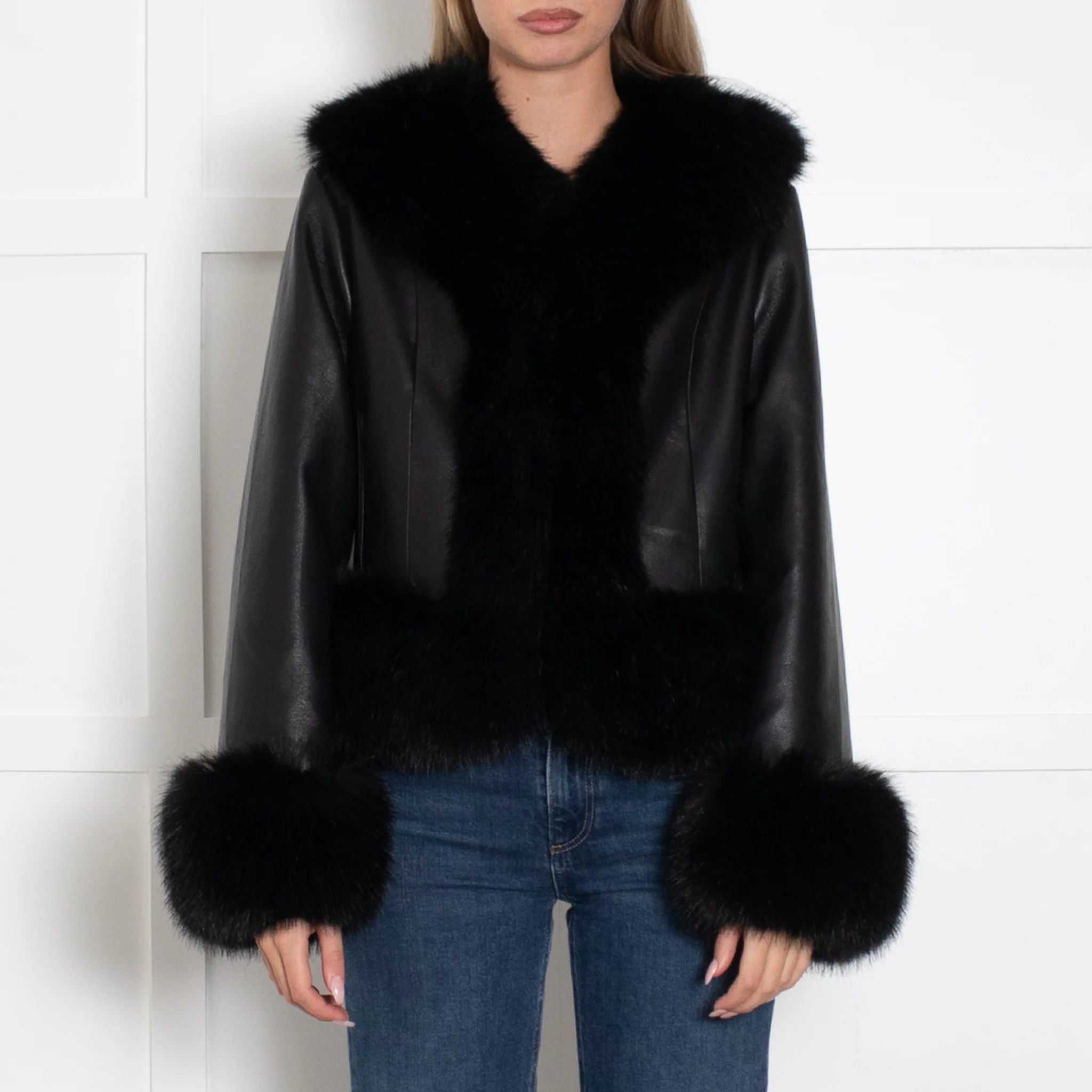 Charlotte Simone Black Faux Leather Fur Trimmed Jacket - Image 2