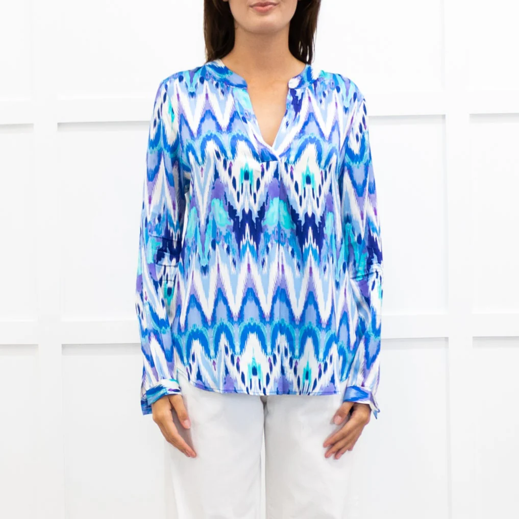 Charlotte Sparre Blue And White Aztec Print Silk Blouse - Image 2