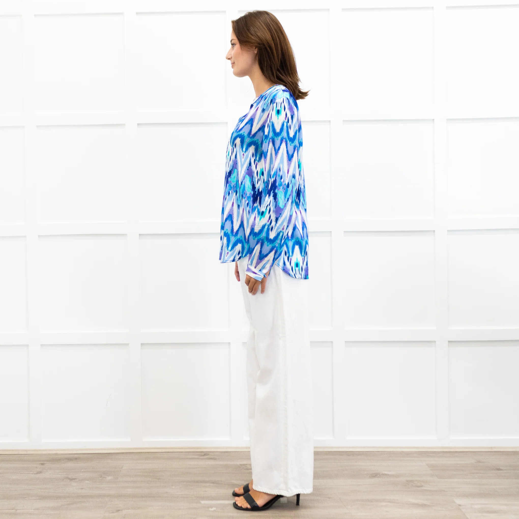 Charlotte Sparre Blue And White Aztec Print Silk Blouse - Image 4