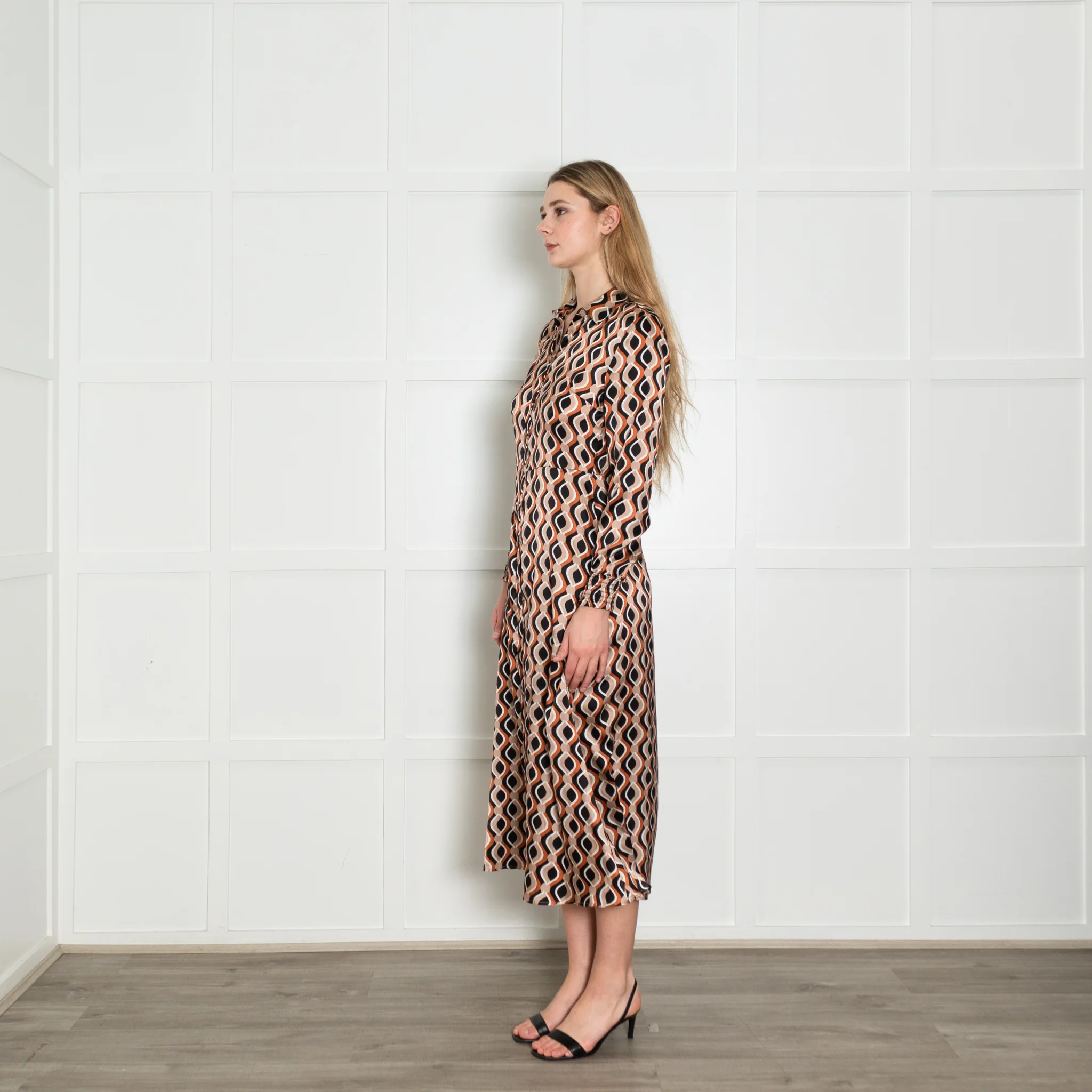 Charlotte Sparre Black Brown White Print Front Open Silk Maxi Dress - Image 3