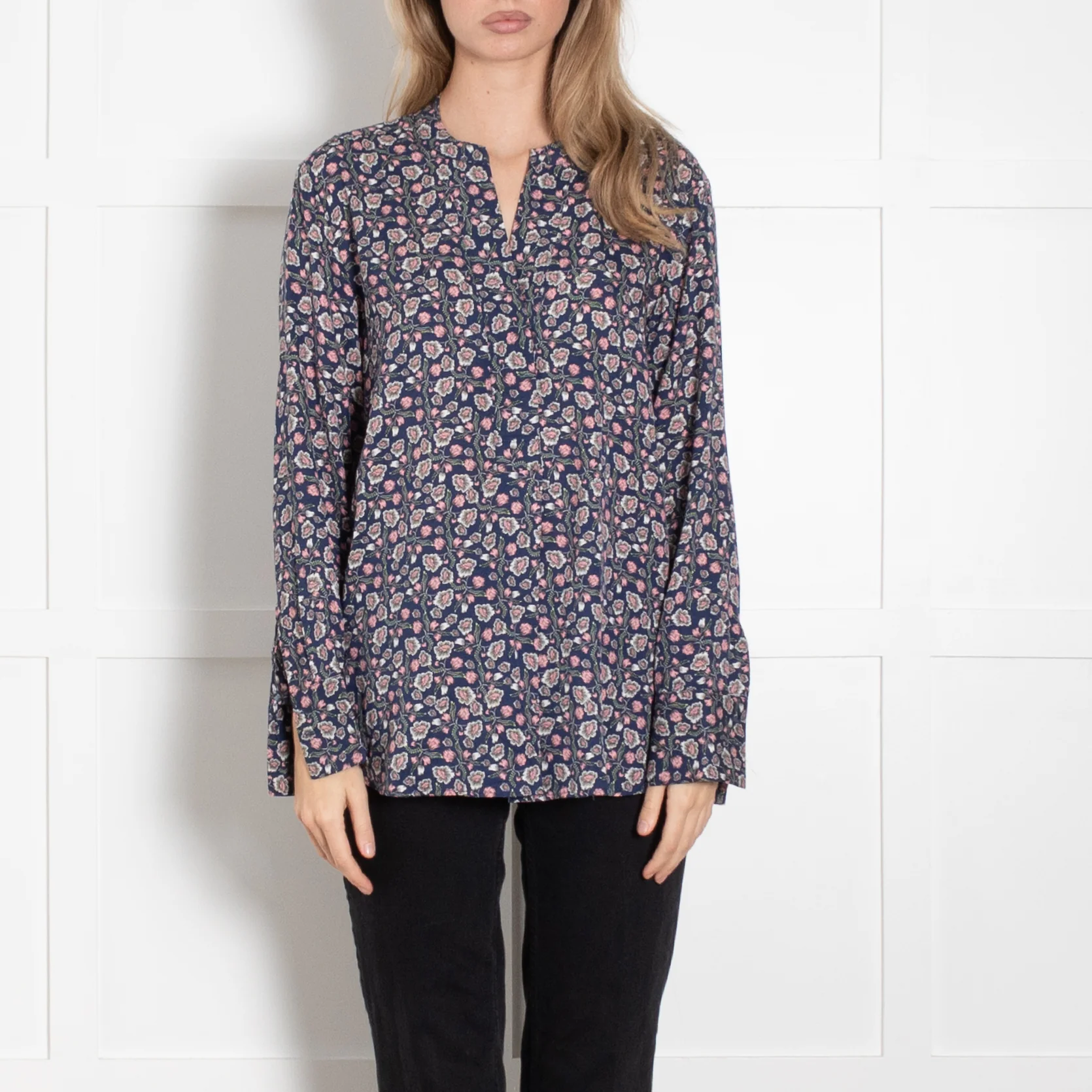 Charlotte Sparre Blue Pink Cream Flower Print Silk Blouse - Image 2