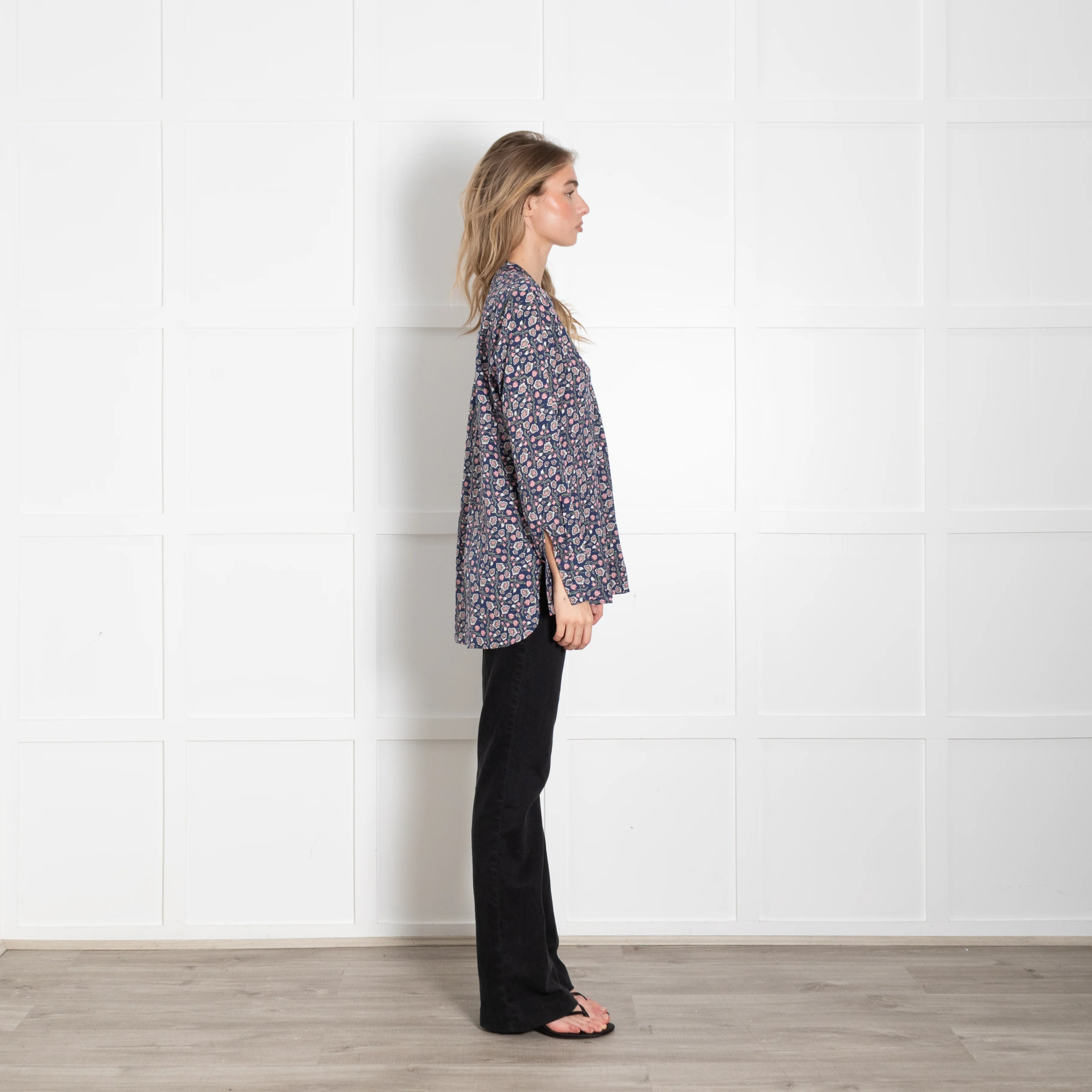 Charlotte Sparre Blue Pink Cream Flower Print Silk Blouse - Image 6