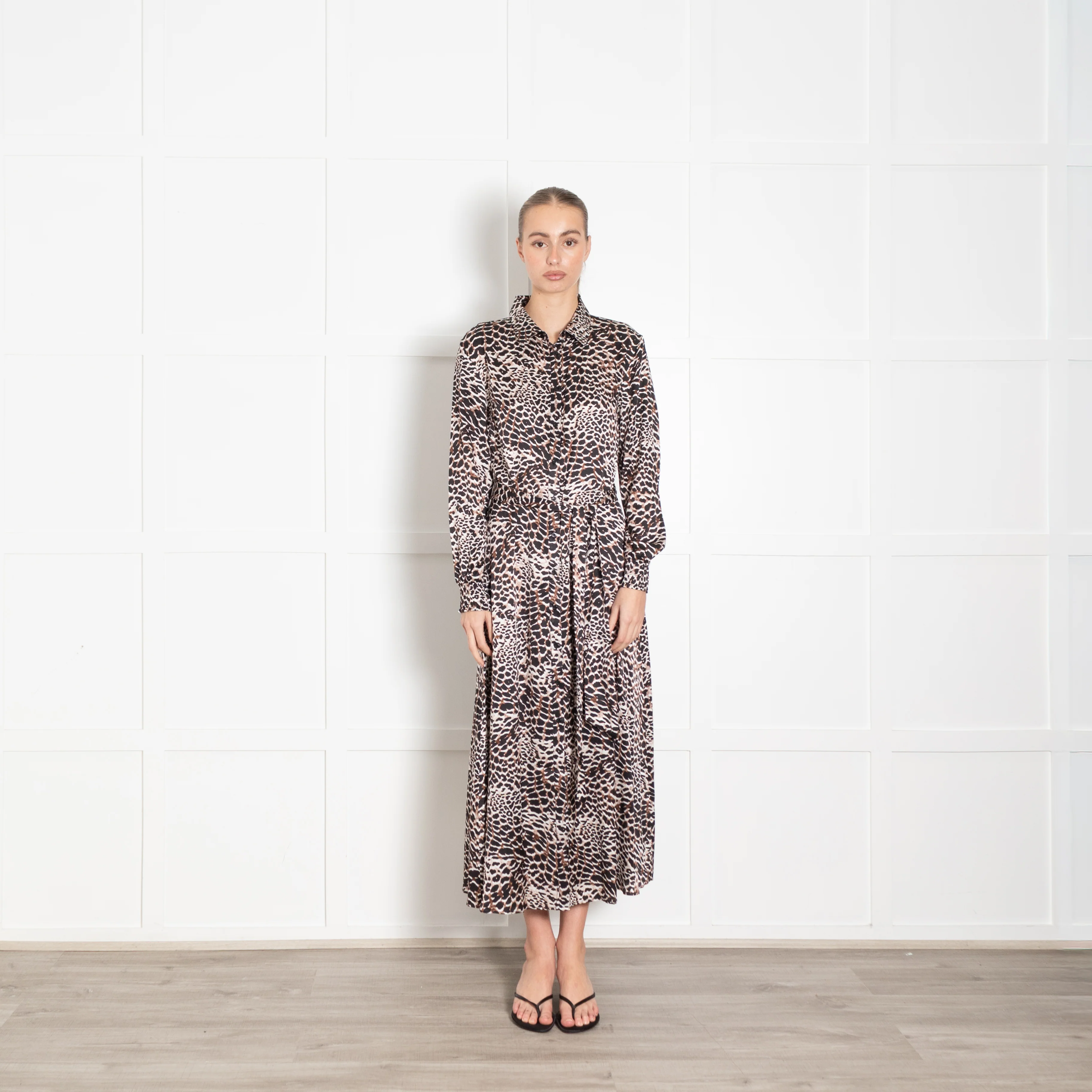 Charlotte Sparre Brown And Black Animal Print Silk Shirt Dress With Tie Belt