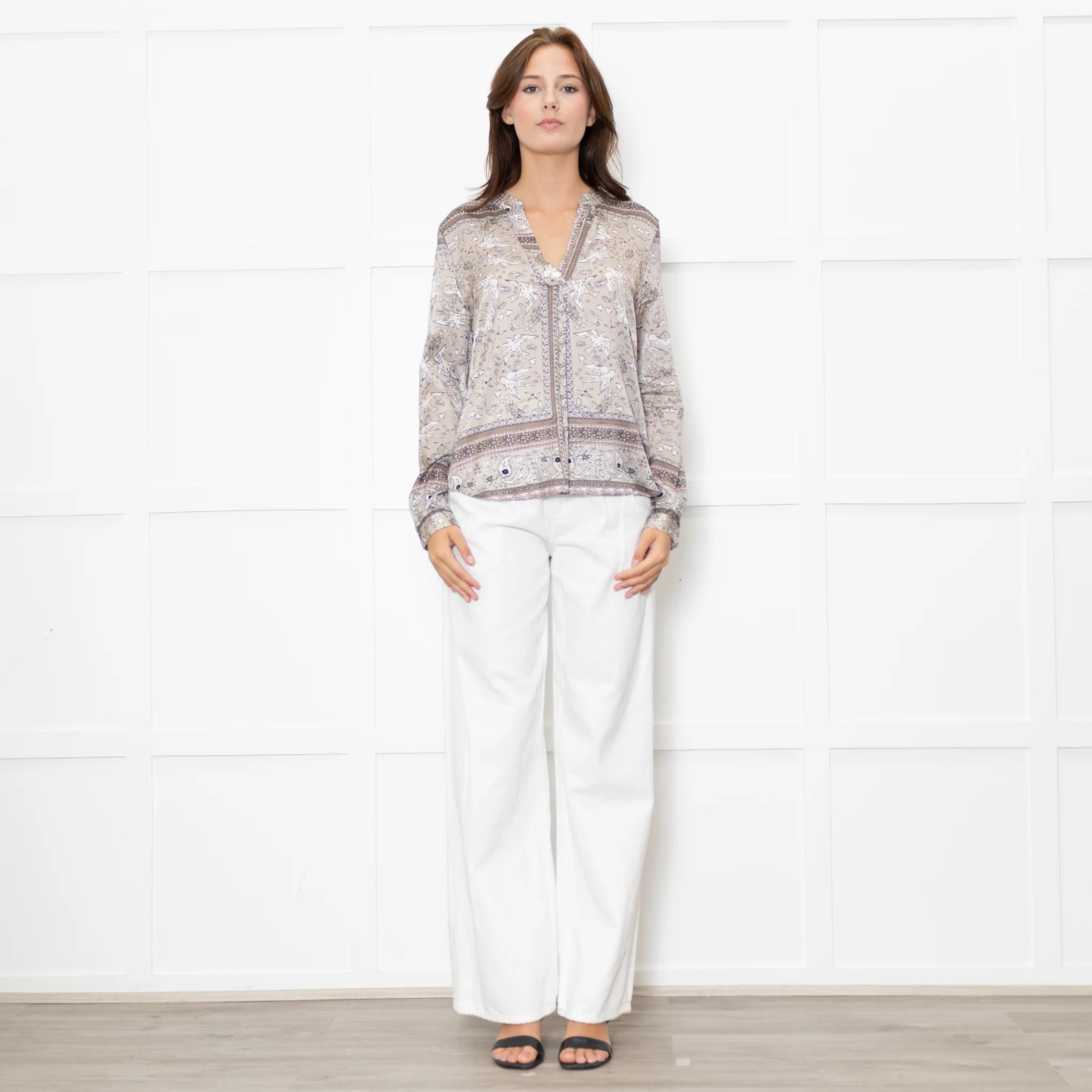 Charlotte Sparre Brown And White Dove Print Silk Top