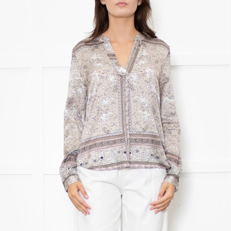 Charlotte Sparre Brown And White Dove Print Silk Top - Image 2