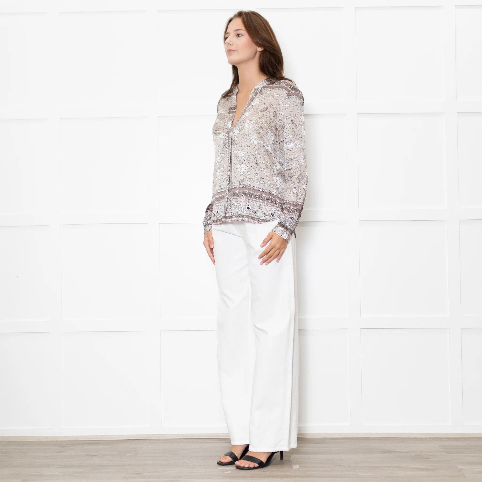 Charlotte Sparre Brown And White Dove Print Silk Top - Image 3