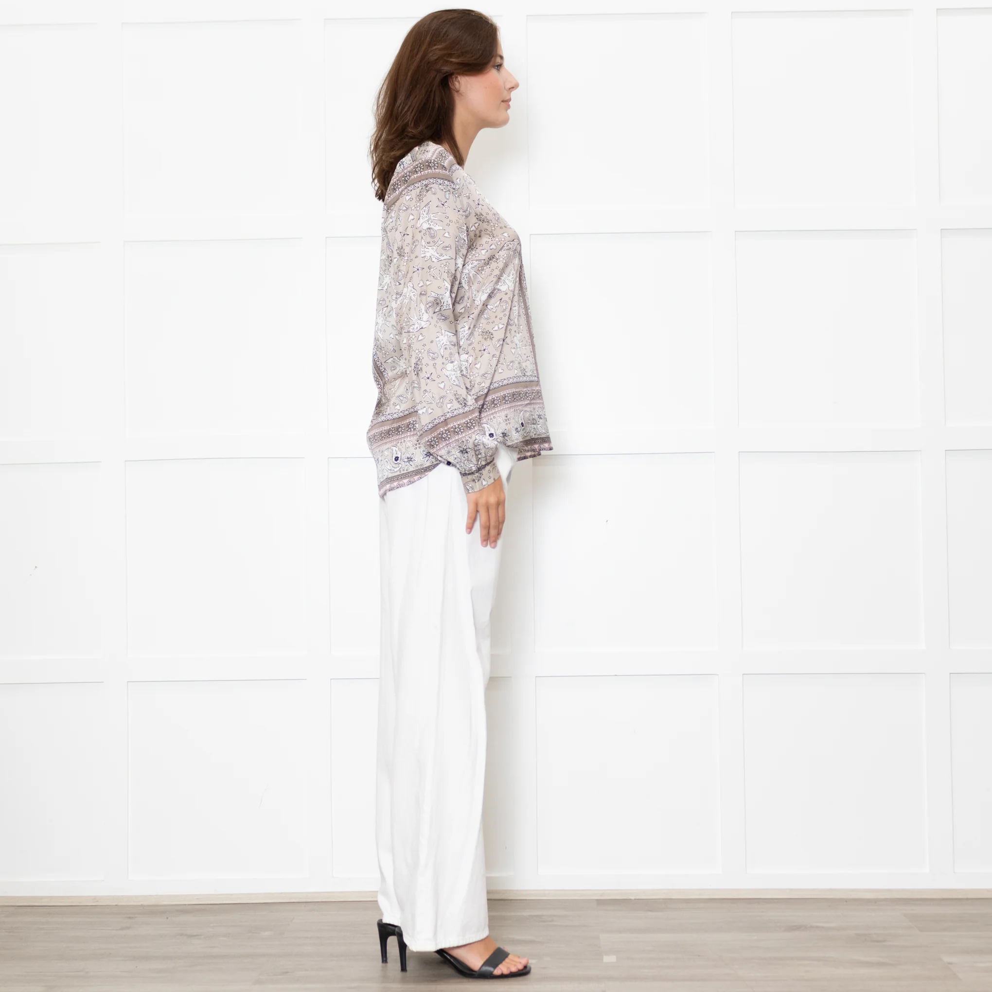 Charlotte Sparre Brown And White Dove Print Silk Top - Image 6