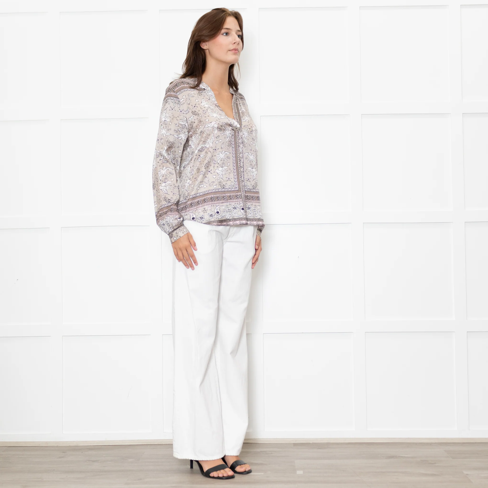 Charlotte Sparre Brown And White Dove Print Silk Top - Image 7