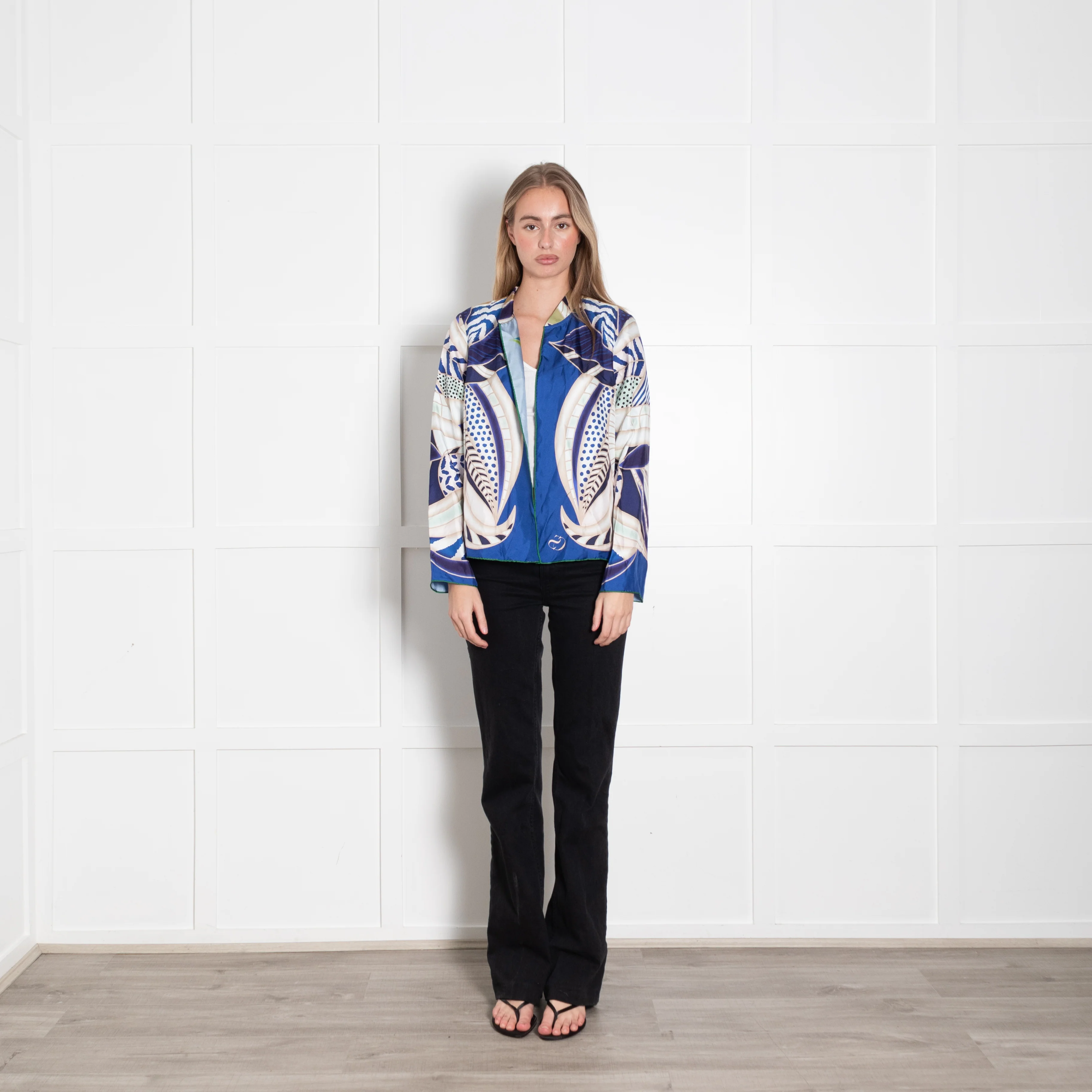 Charlotte Sparre Colbalt Blue Beige Green Abstract Leaf Print Silk Jacket