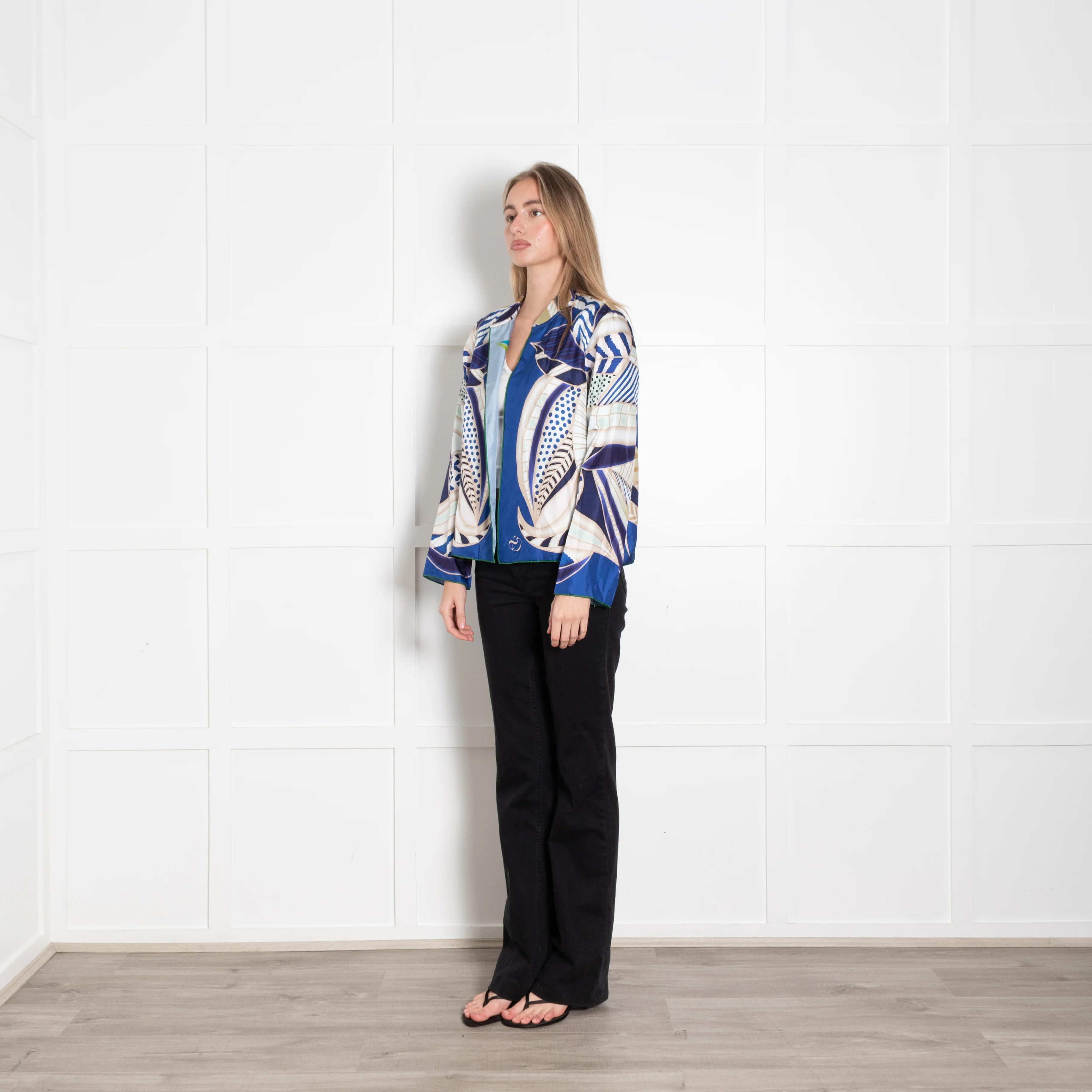 Charlotte Sparre Colbalt Blue Beige Green Abstract Leaf Print Silk Jacket - Image 3