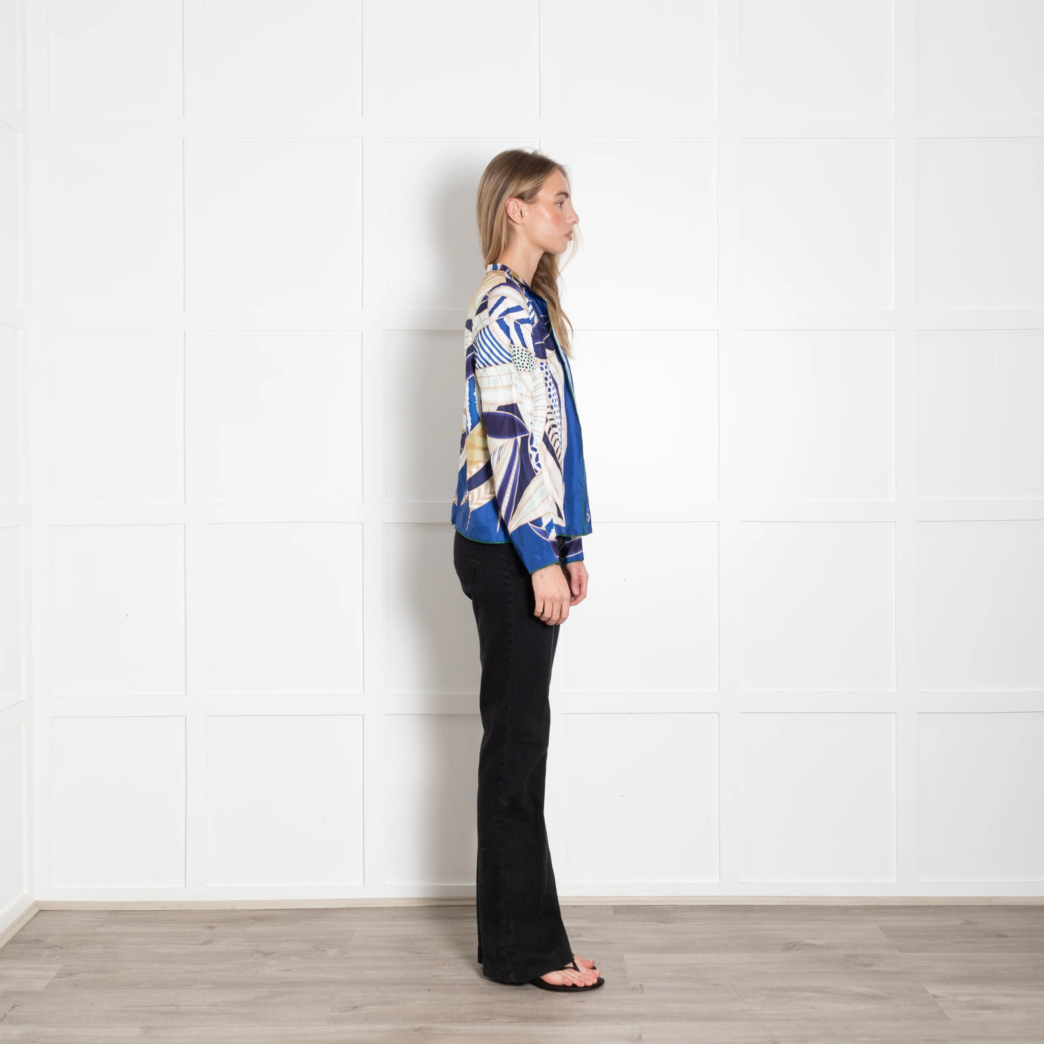 Charlotte Sparre Colbalt Blue Beige Green Abstract Leaf Print Silk Jacket - Image 6
