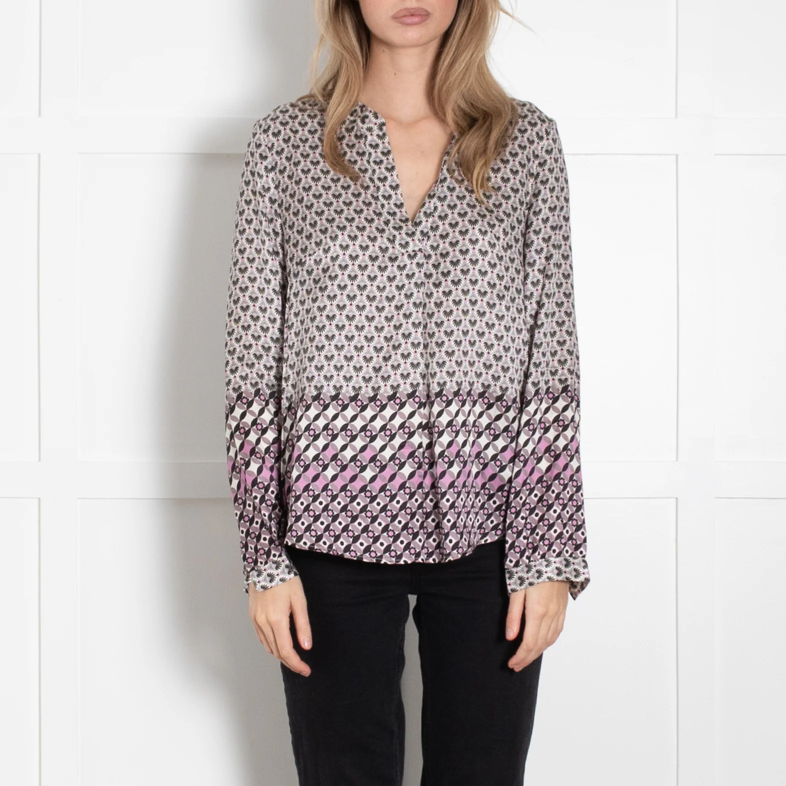 Charlotte Sparre Cream Purple Black Geometric Flower Print Silk Blouse - Image 2