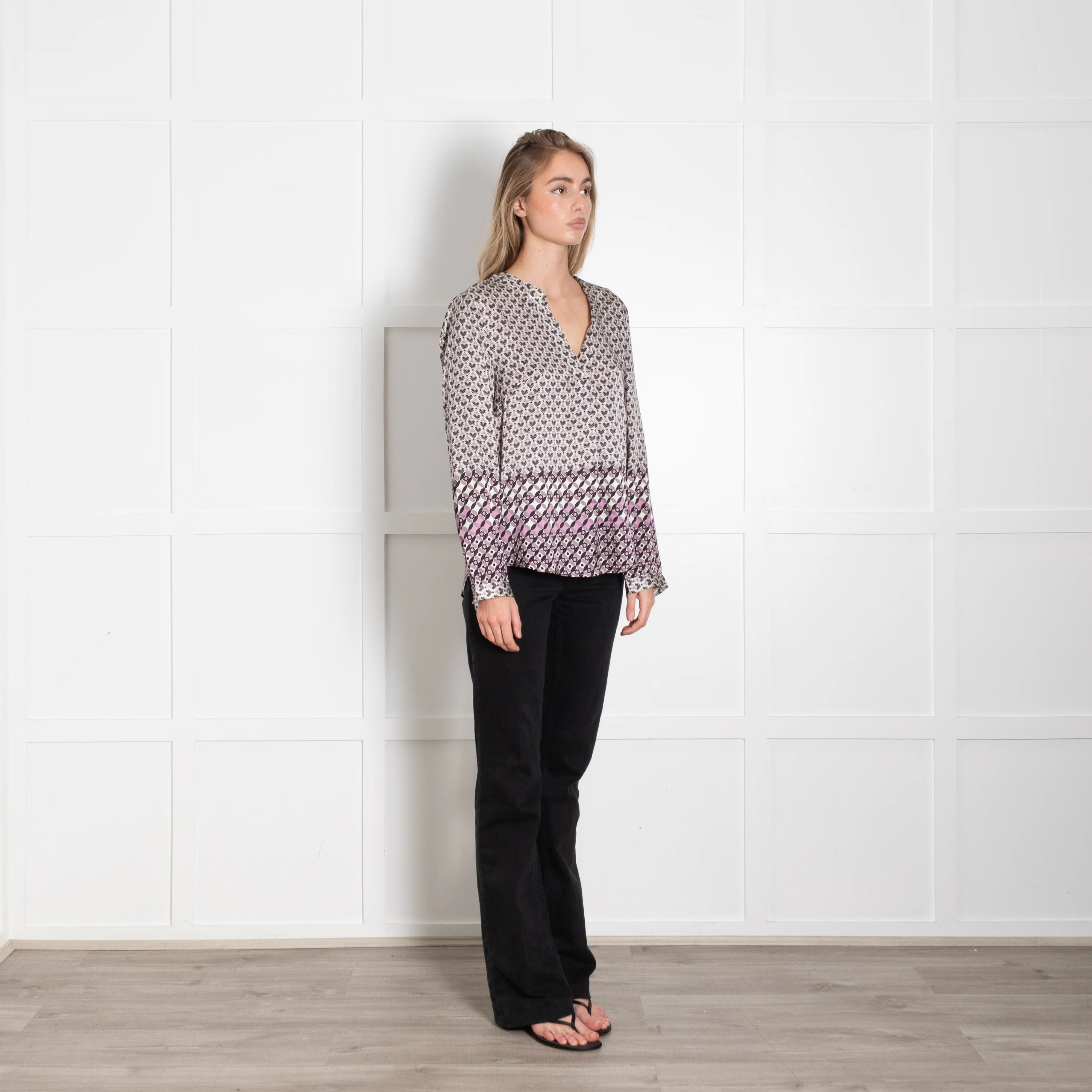 Charlotte Sparre Cream Purple Black Geometric Flower Print Silk Blouse - Image 7