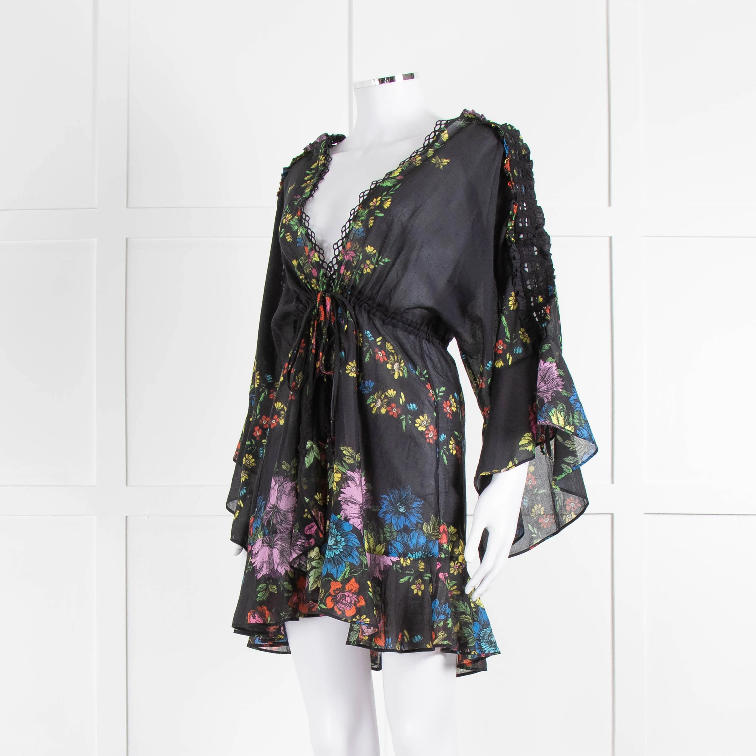 Charo Ruiz Black Multi Flower Cotton Mini Cover Up Dress - Image 8