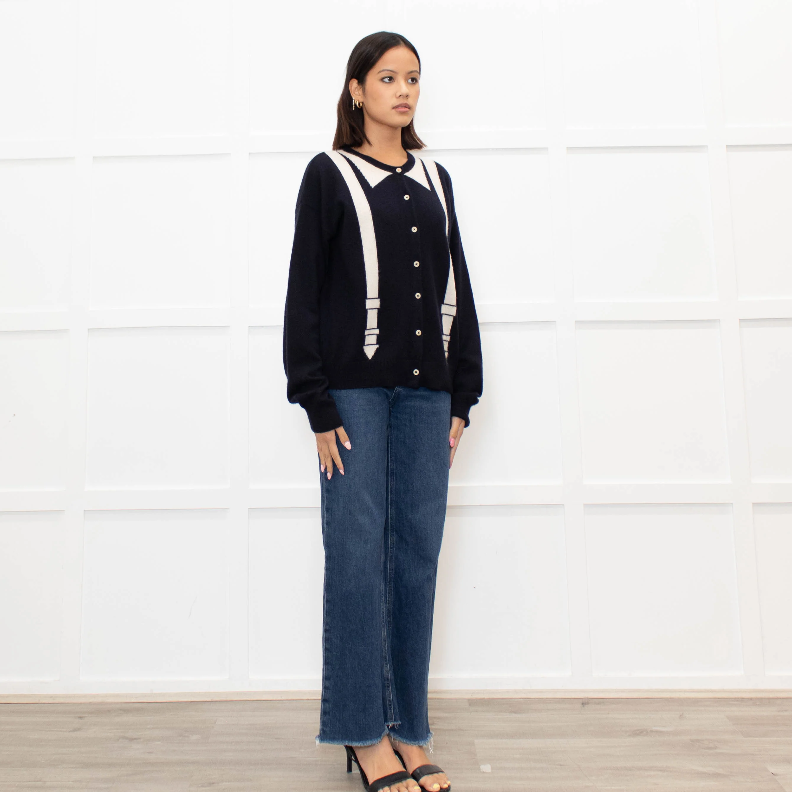 Chinti & Parker Navy Cream Braces Print Cashmere Cardigan - Image 3