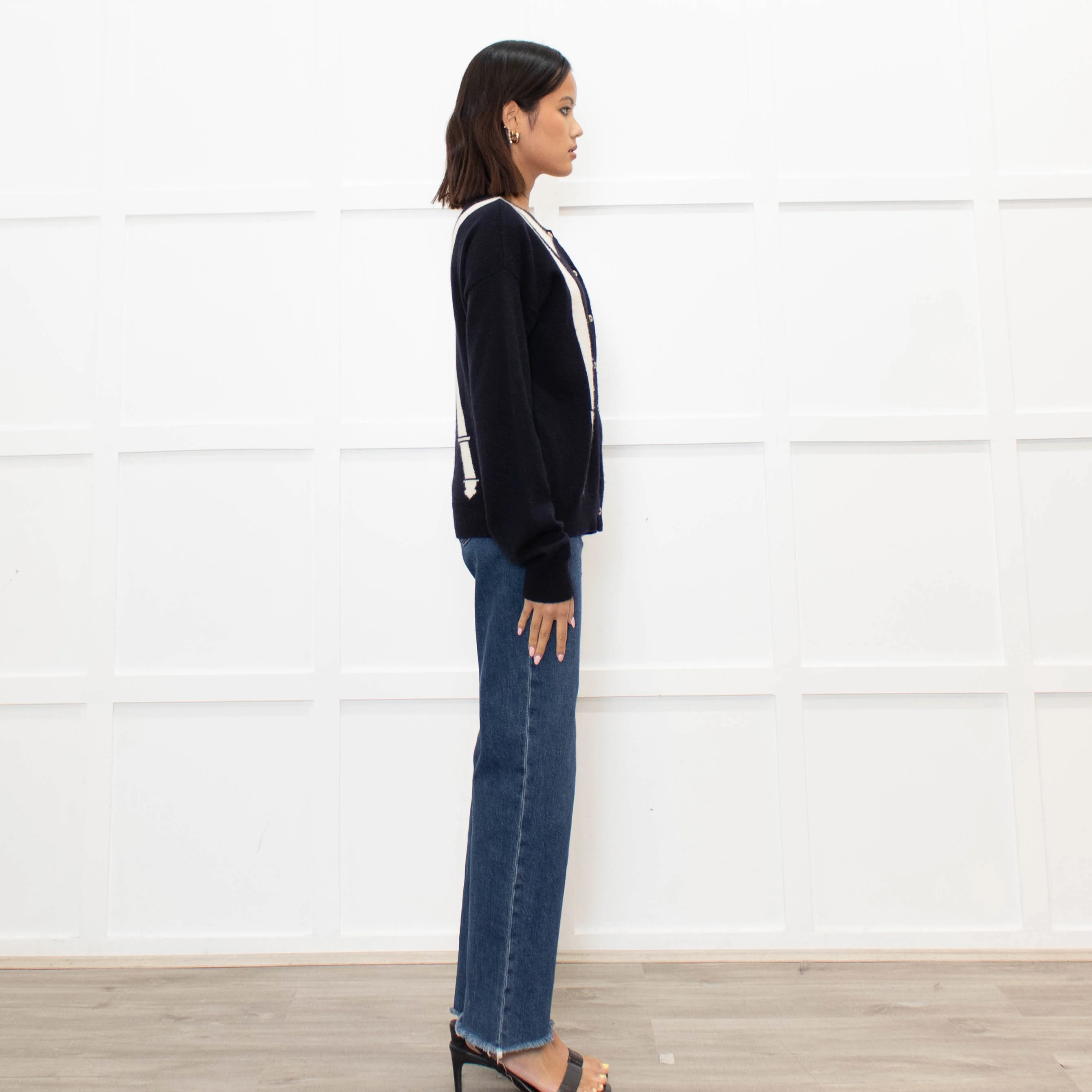 Chinti & Parker Navy Cream Braces Print Cashmere Cardigan - Image 4