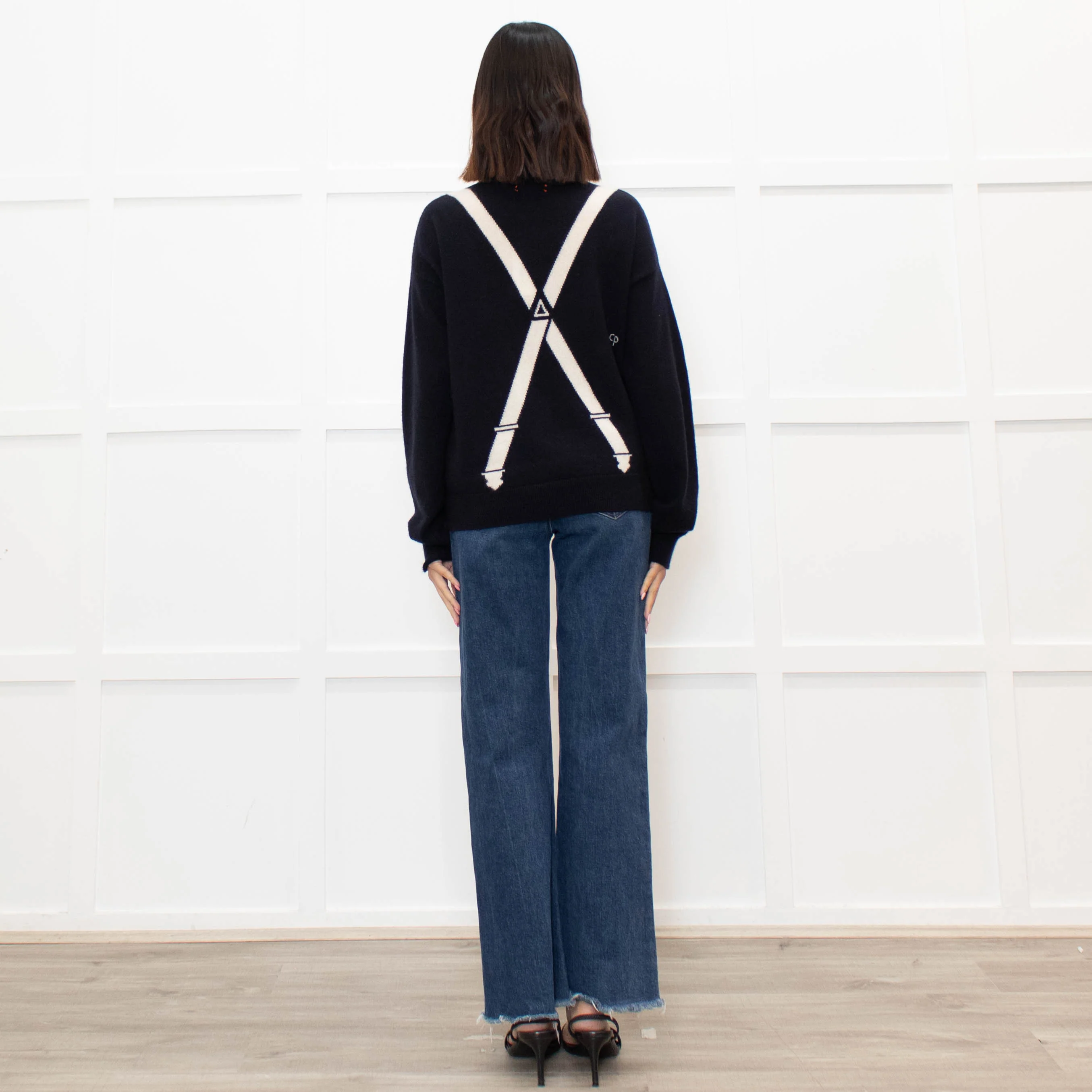 Chinti & Parker Navy Cream Braces Print Cashmere Cardigan - Image 5