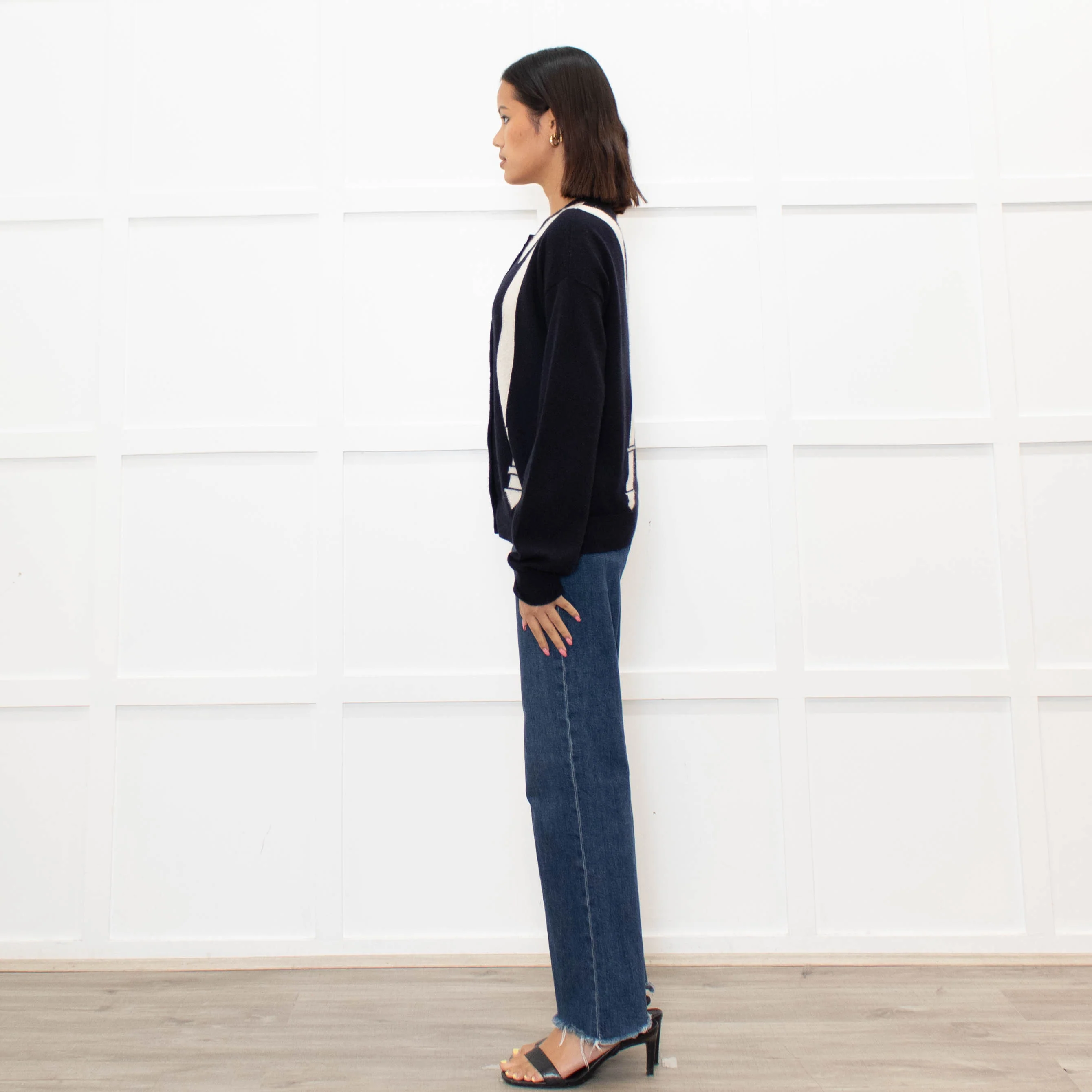 Chinti & Parker Navy Cream Braces Print Cashmere Cardigan - Image 6
