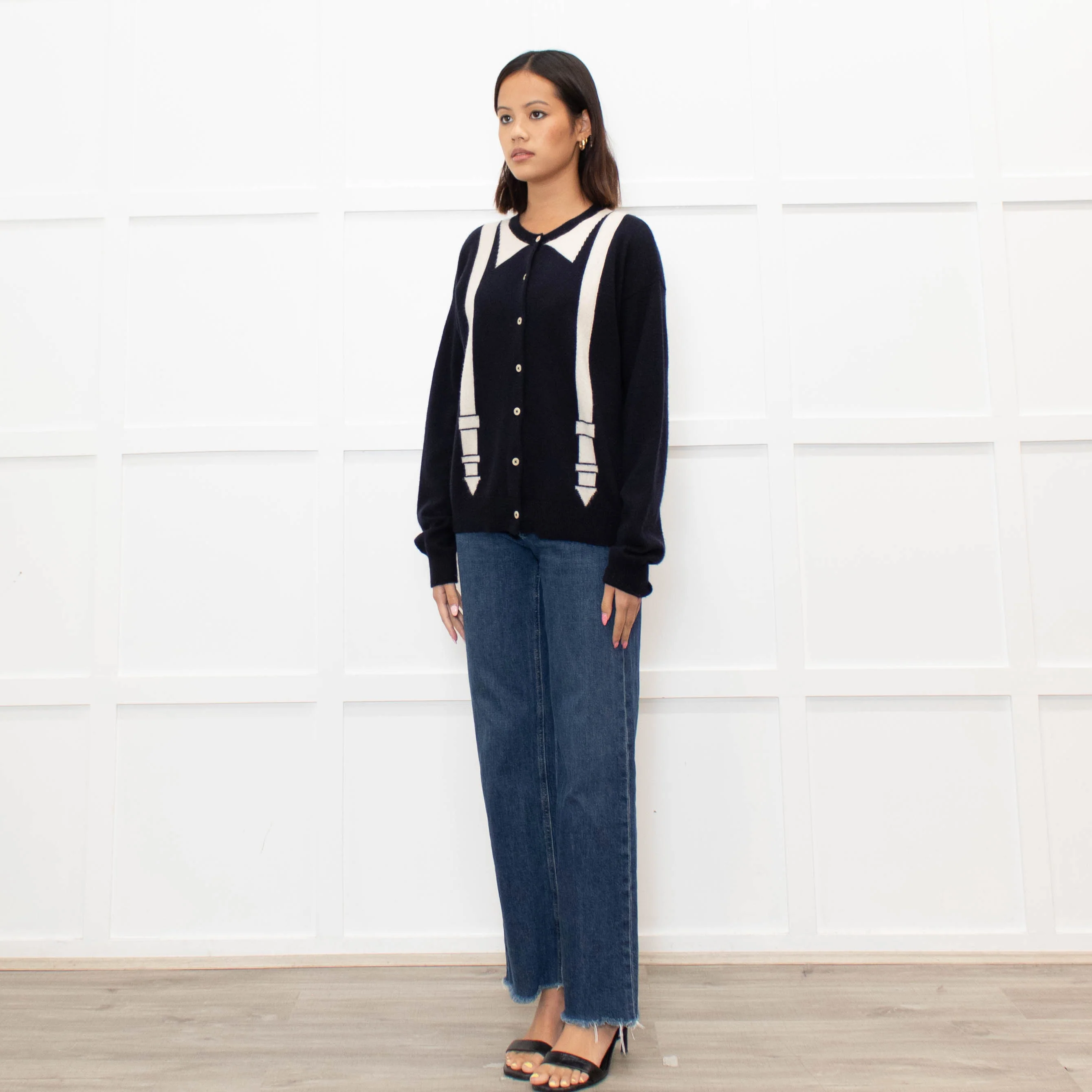 Chinti & Parker Navy Cream Braces Print Cashmere Cardigan - Image 7