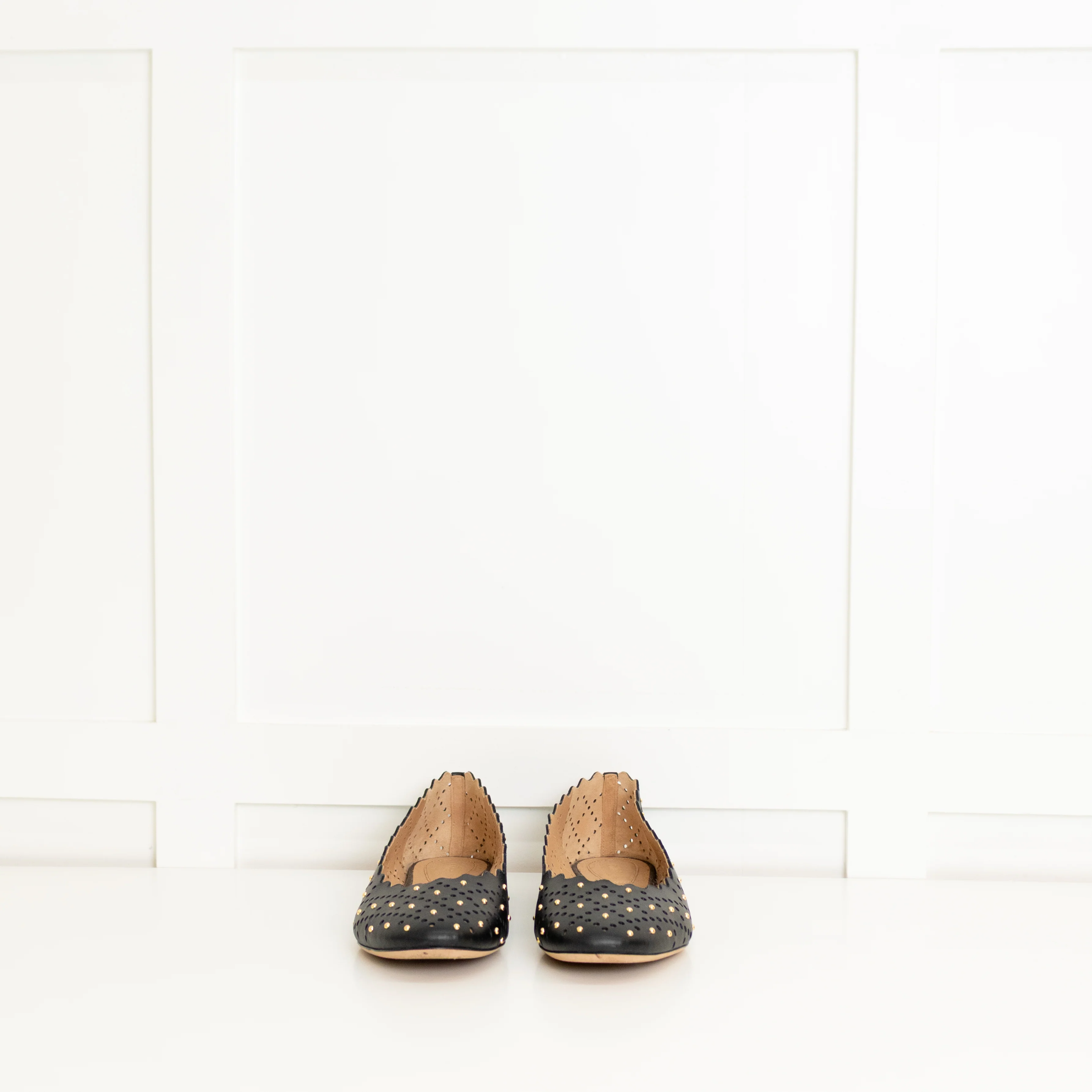 Chloe Black Laser Cut Studded Flat Pumps - Image 2
