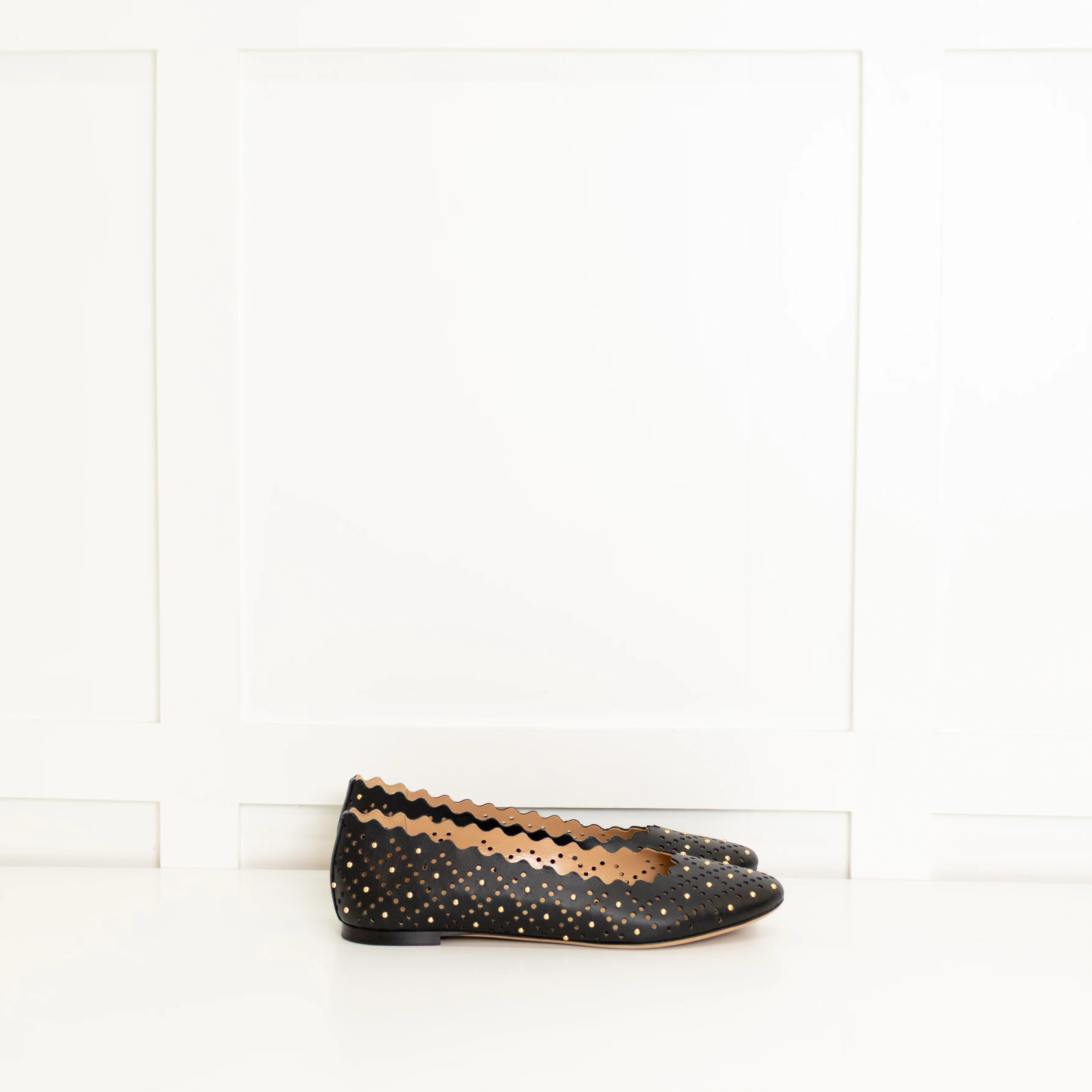 Chloe Black Laser Cut Studded Flat Pumps - Image 4
