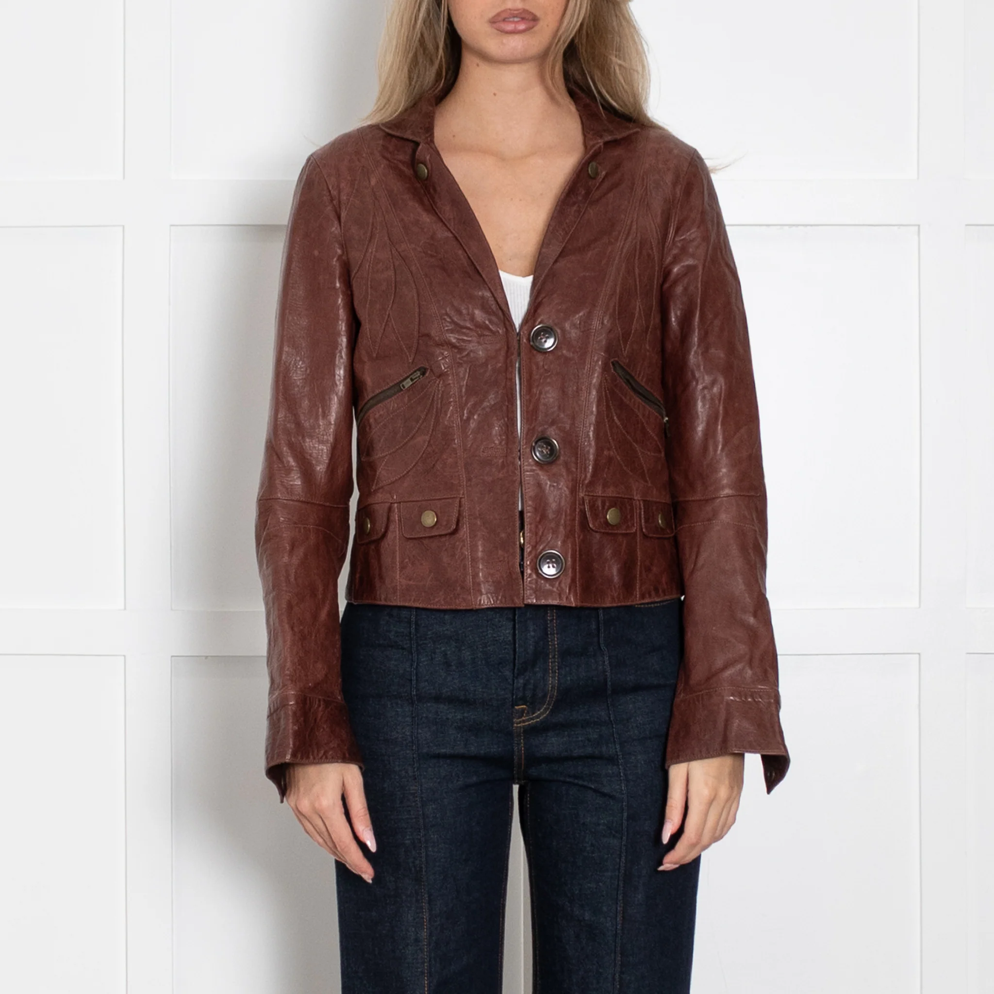 Chloe Brown Leather Cropped Jacket - Image 2