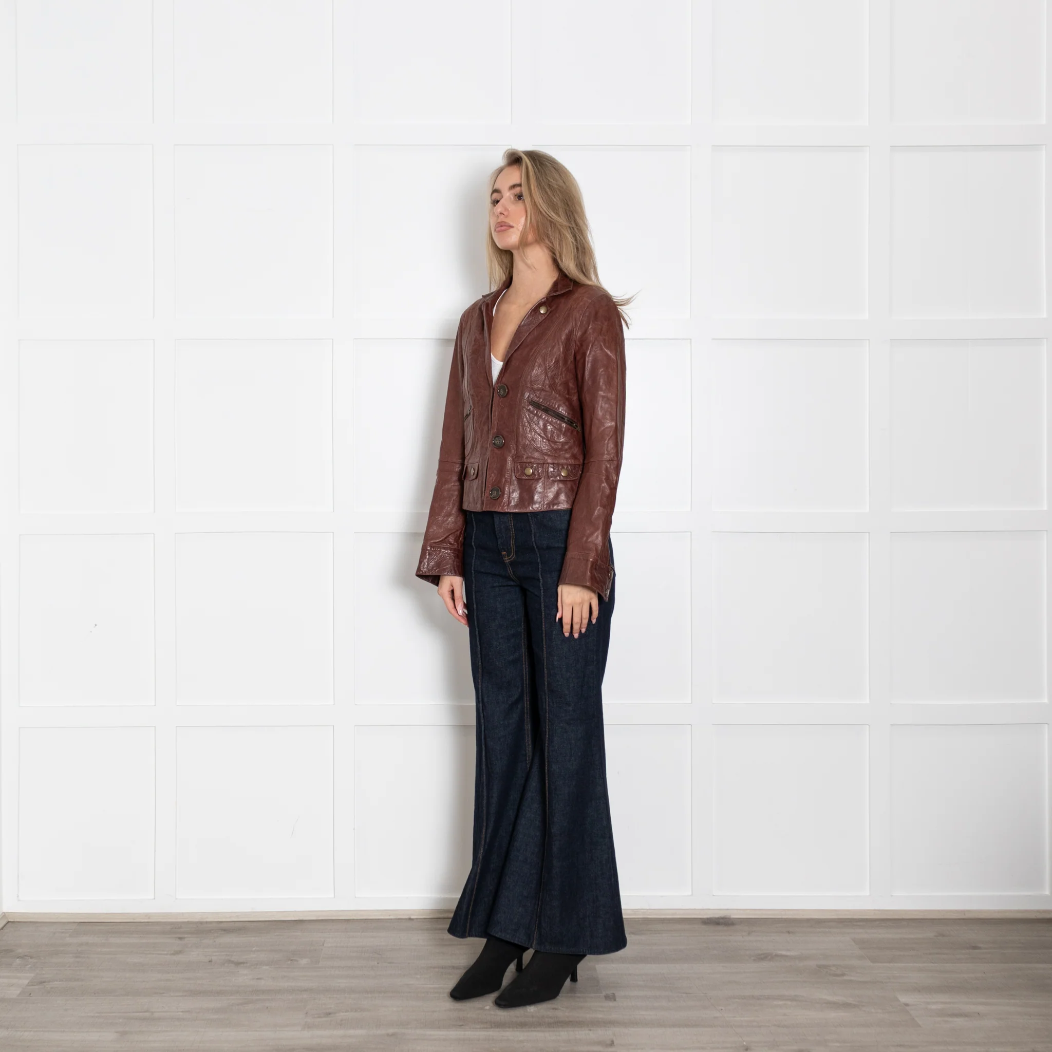 Chloe Brown Leather Cropped Jacket - Image 3
