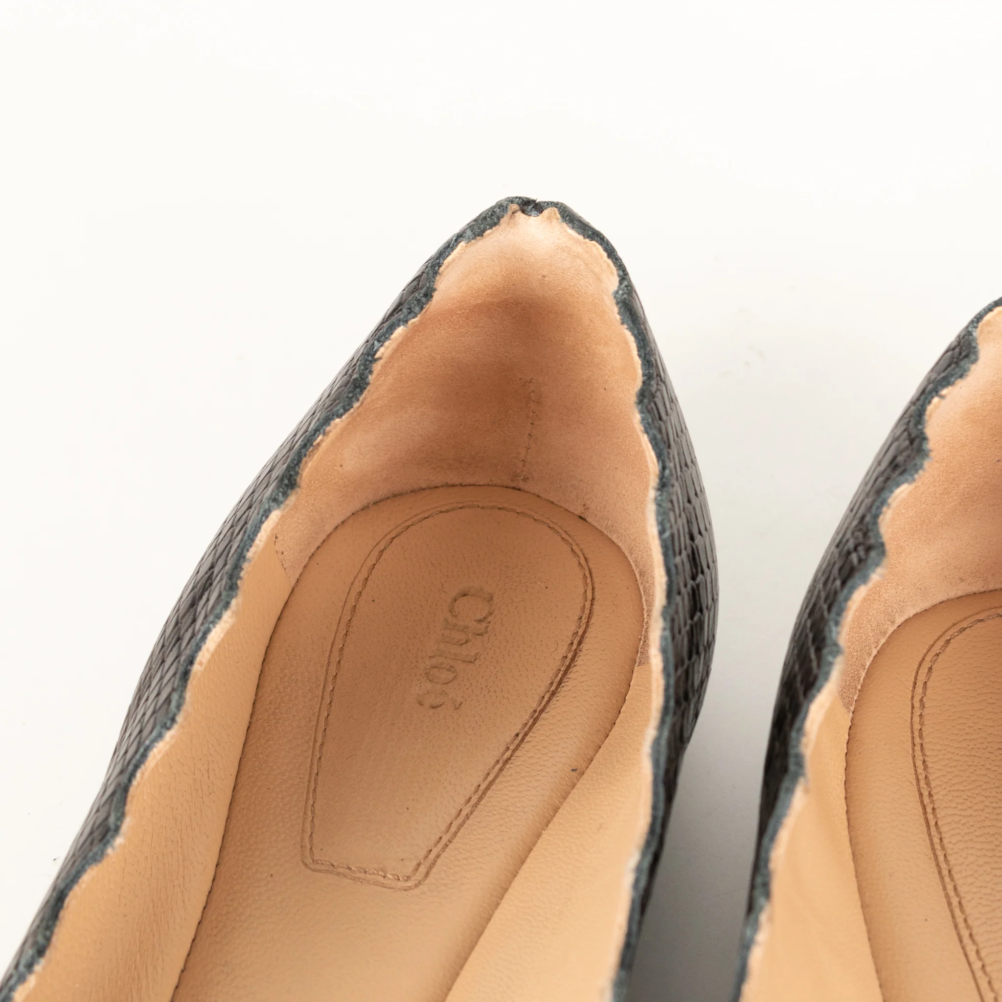 Chloe Dark Grey Black Snake Skin Flat Pumps - Image 10