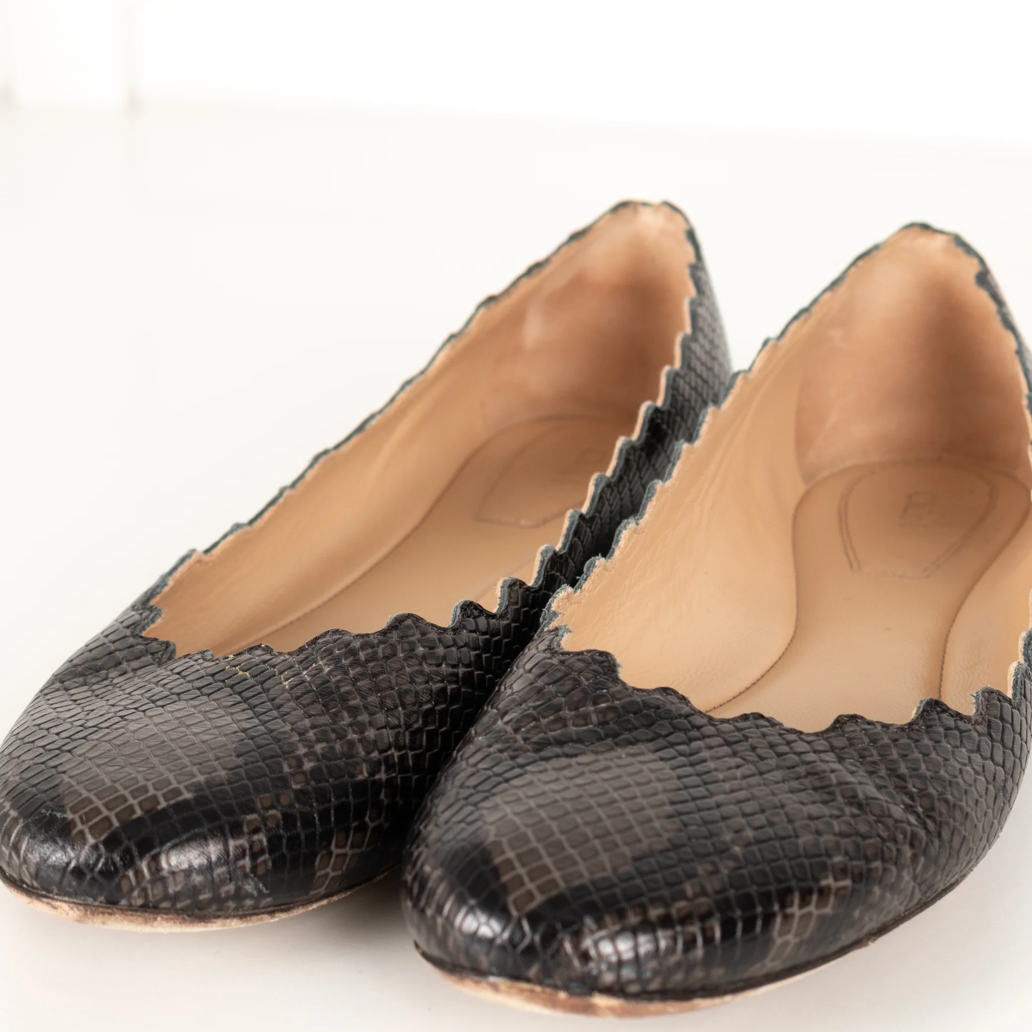 Chloe Dark Grey Black Snake Skin Flat Pumps - Image 9