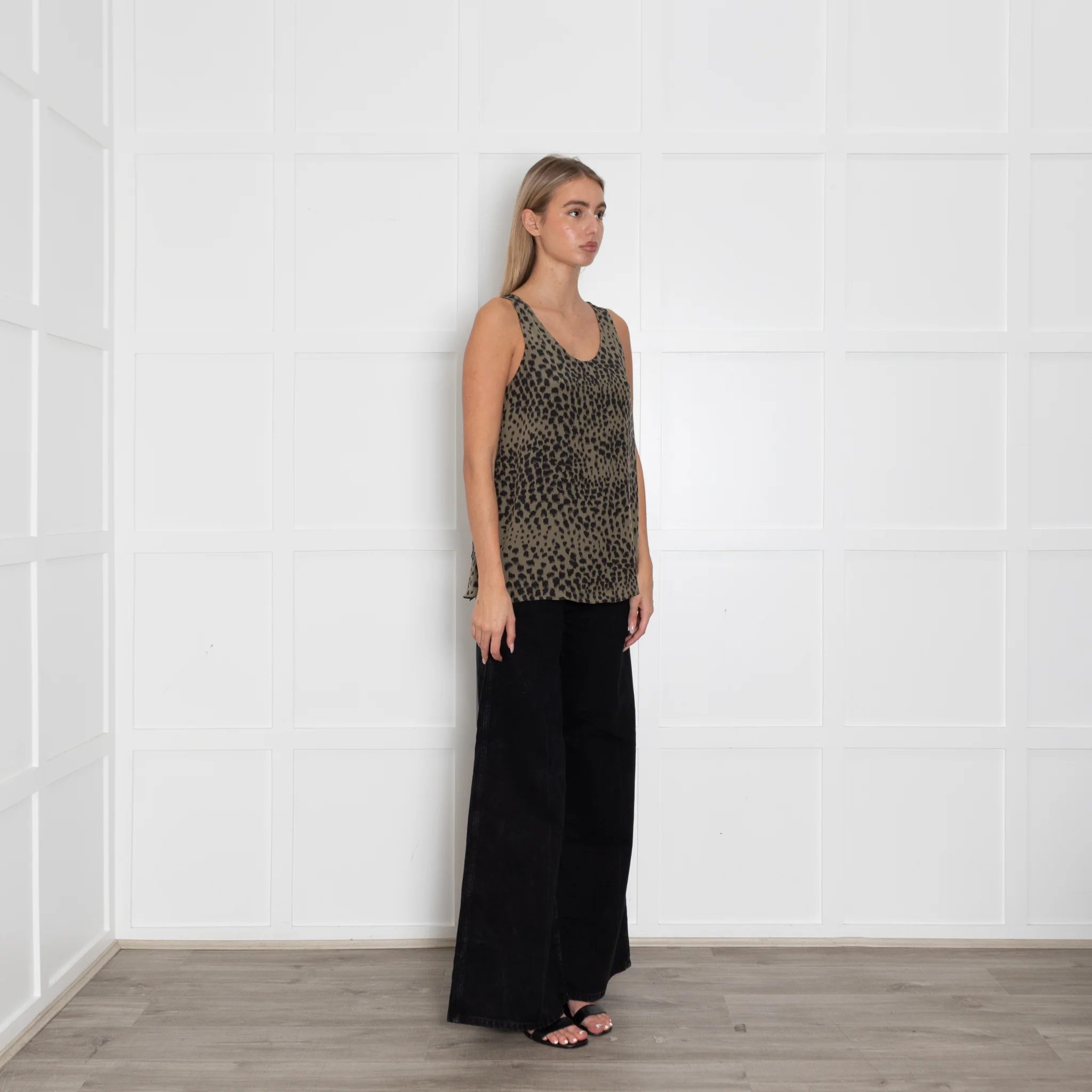 Chloe Khaki Black Animal Print Sleeveless Silk Top - Image 7
