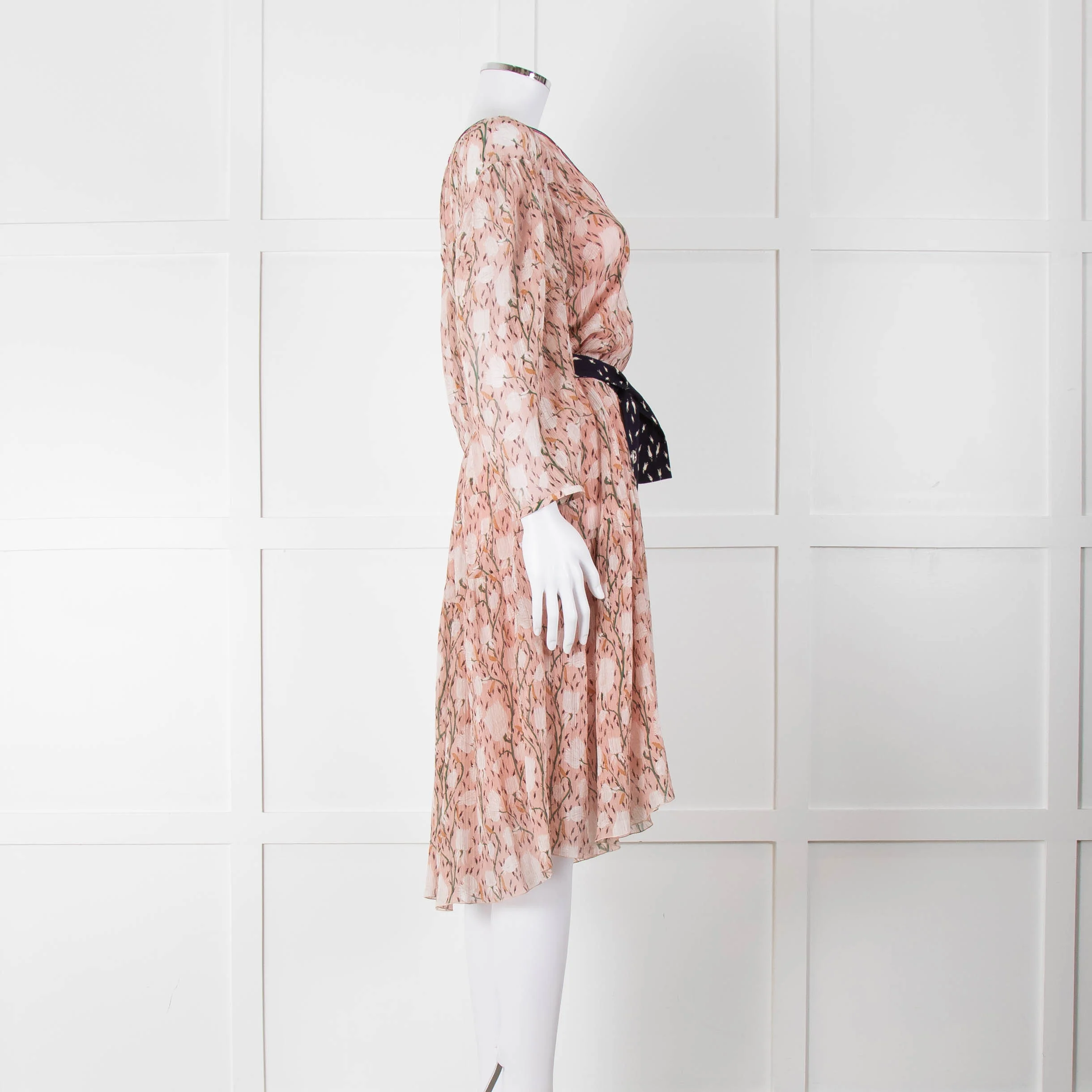 Chloe Misty Pink Floral Chiffon Midi Dress with Belted Waist - Image 3