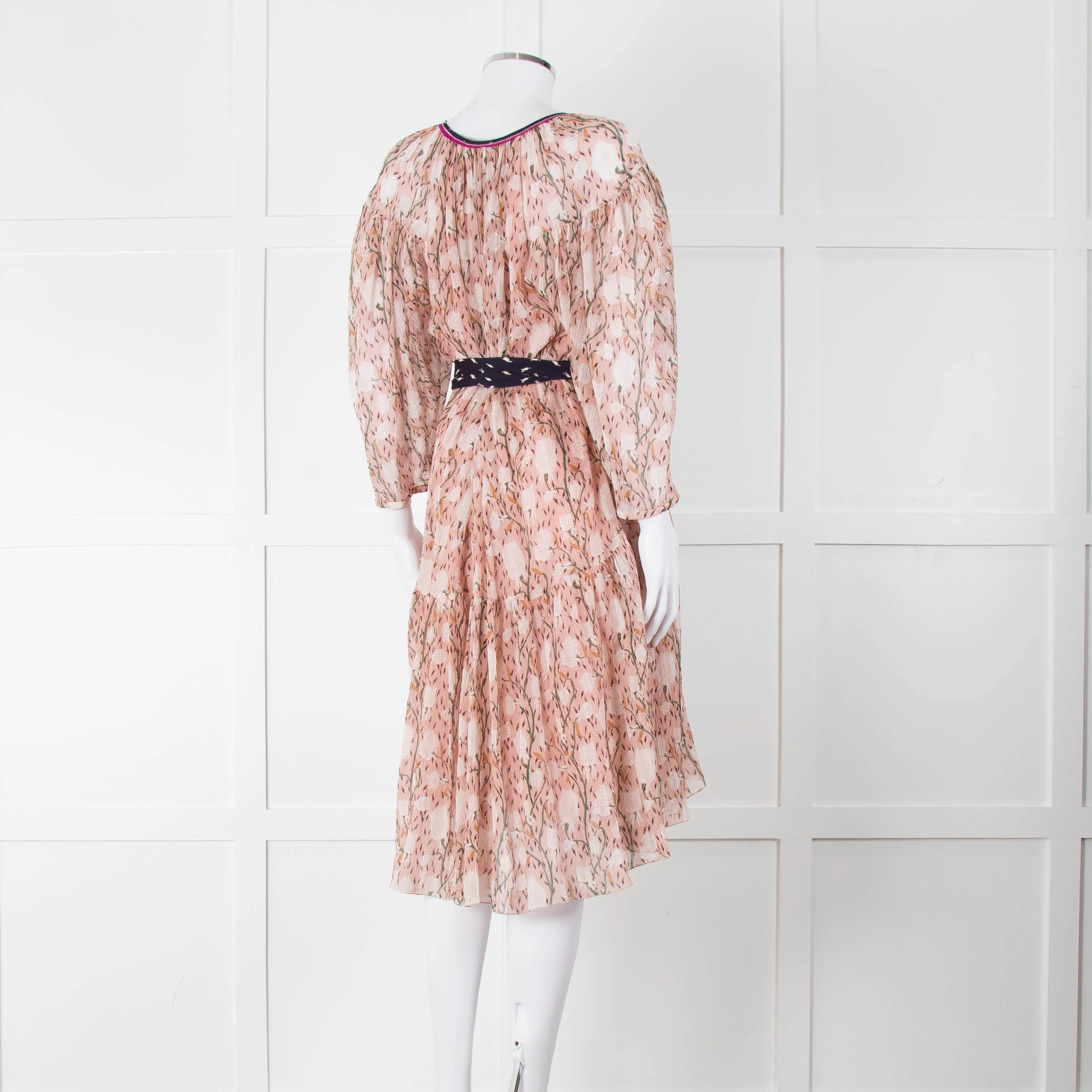 Chloe Misty Pink Floral Chiffon Midi Dress with Belted Waist - Image 4