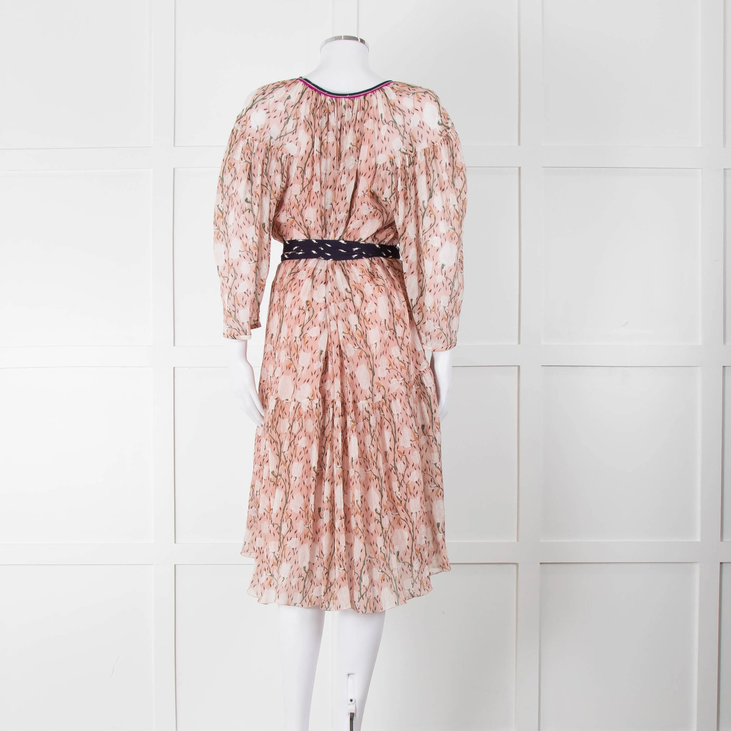 Chloe Misty Pink Floral Chiffon Midi Dress with Belted Waist - Image 5