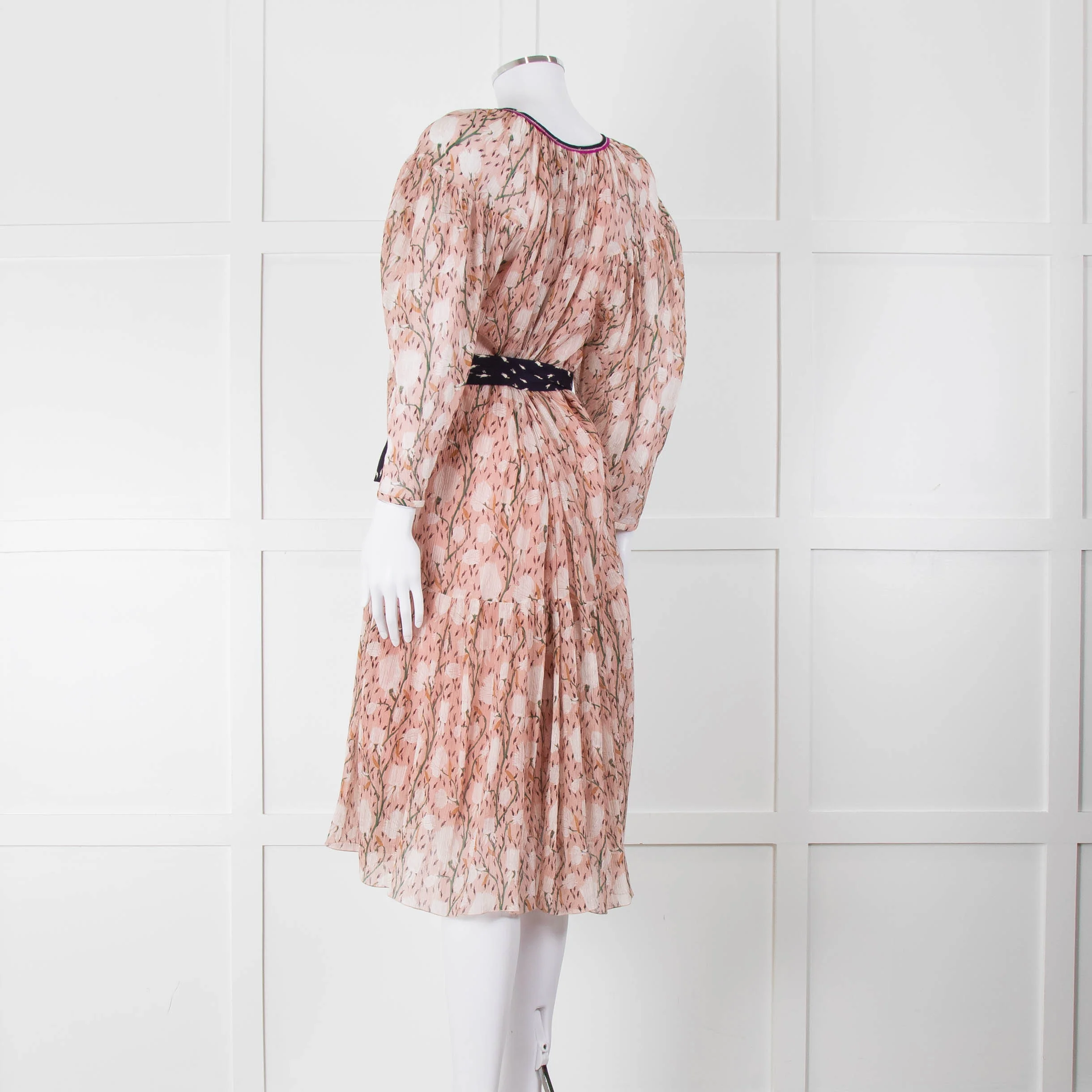 Chloe Misty Pink Floral Chiffon Midi Dress with Belted Waist - Image 6