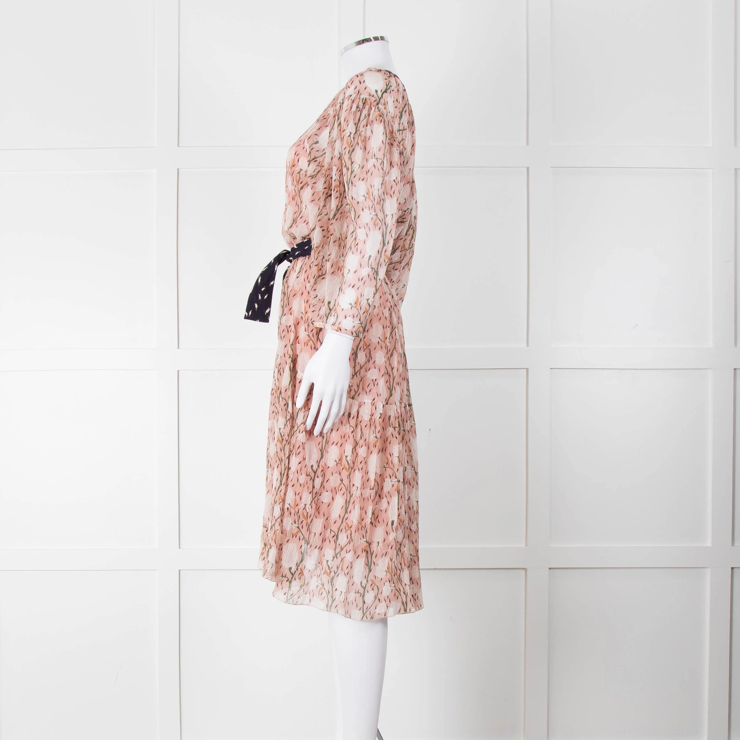 Chloe Misty Pink Floral Chiffon Midi Dress with Belted Waist - Image 7