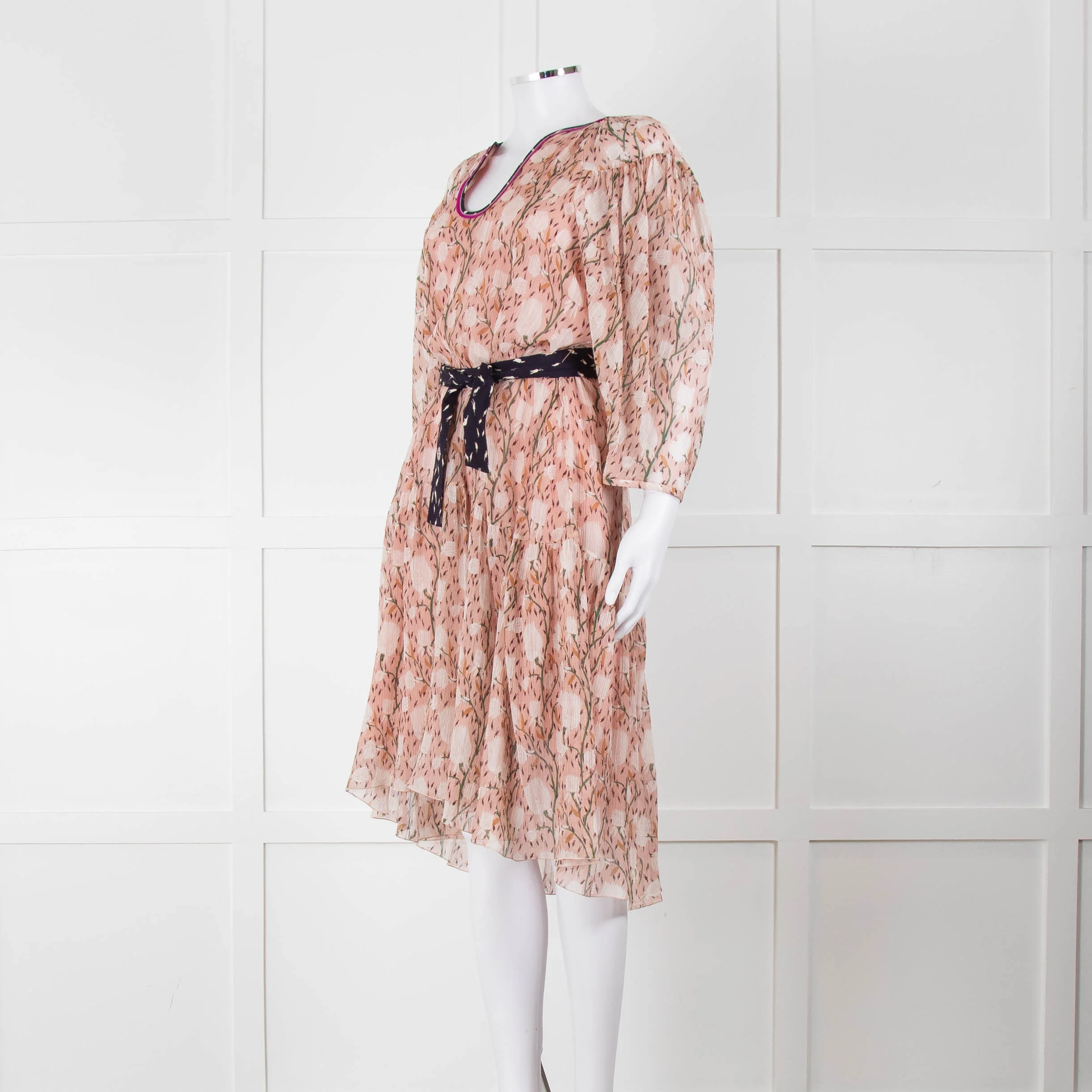 Chloe Misty Pink Floral Chiffon Midi Dress with Belted Waist - Image 8
