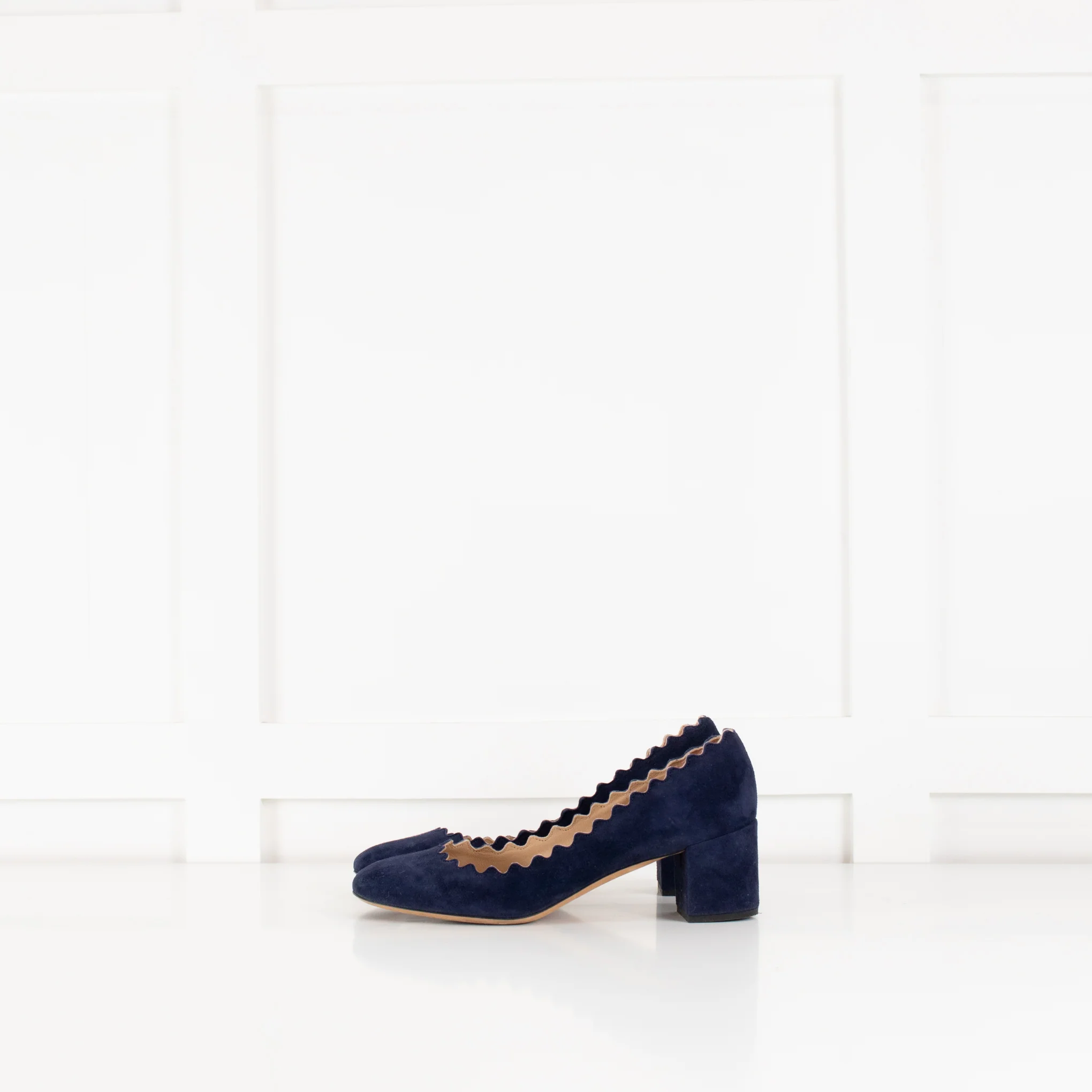 Chloe Navy Blue Scalloped Edge Lauren Block Heel Shoes - Image 3