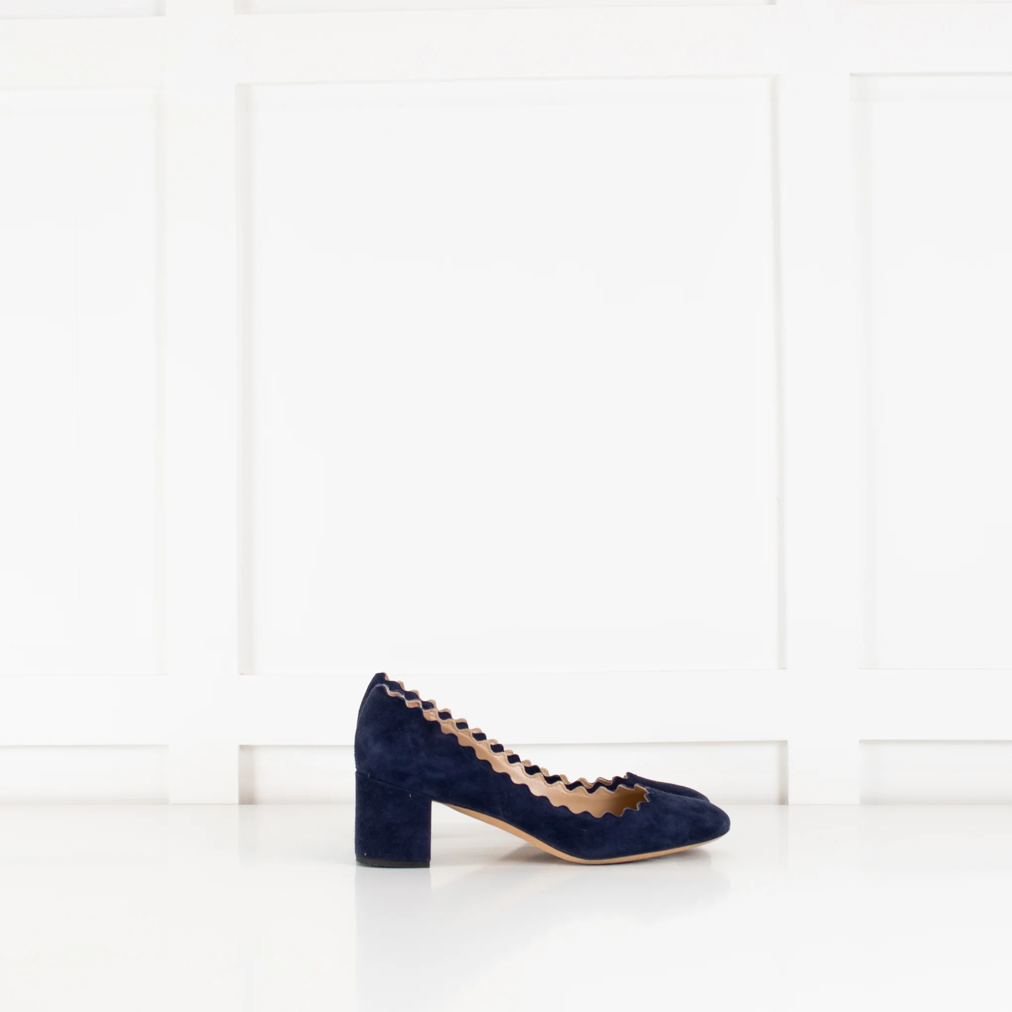 Chloe Navy Blue Scalloped Edge Lauren Block Heel Shoes - Image 5