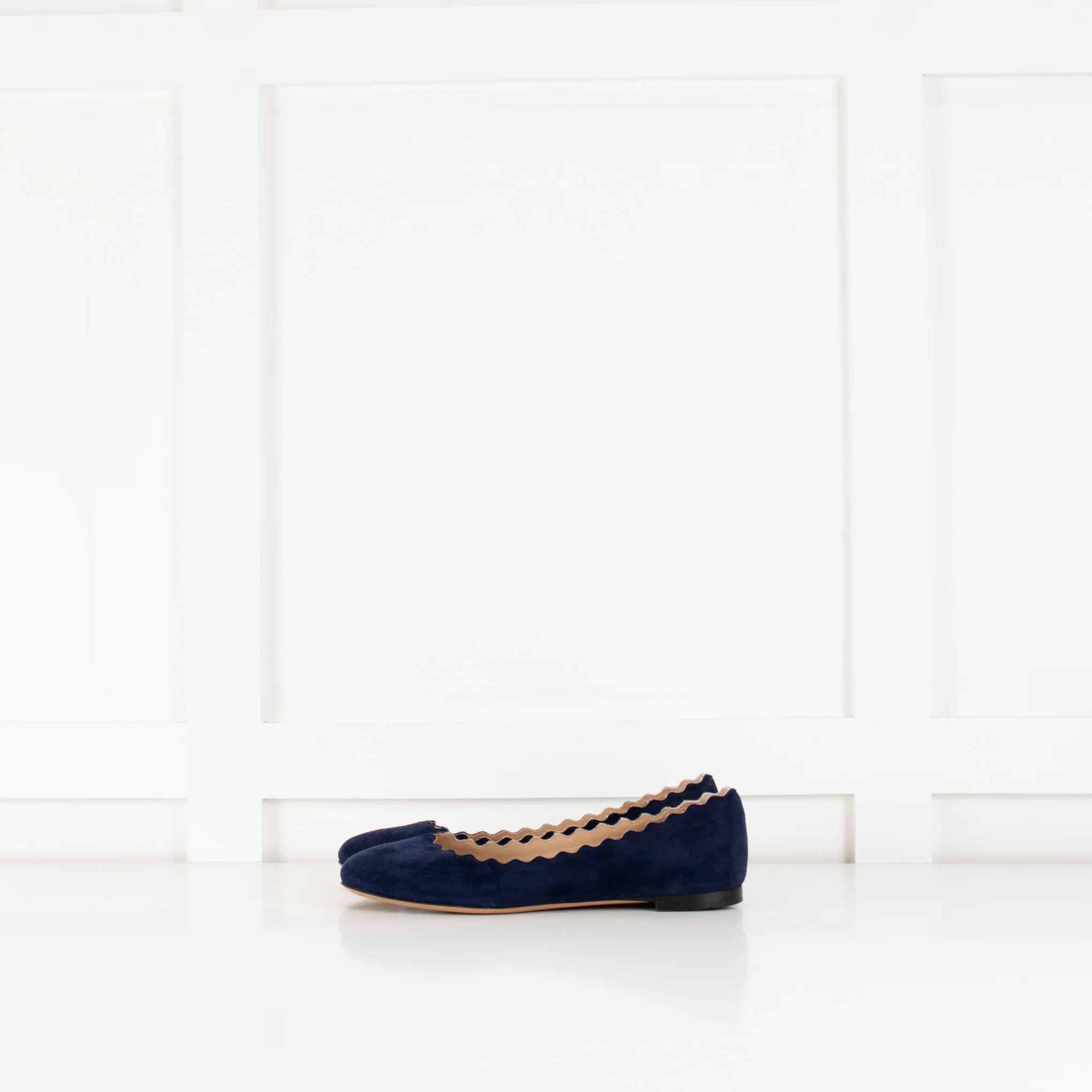 Chloe Navy Blue Scalloped Edge Flat Lauren Ballerina Pumps - Image 3