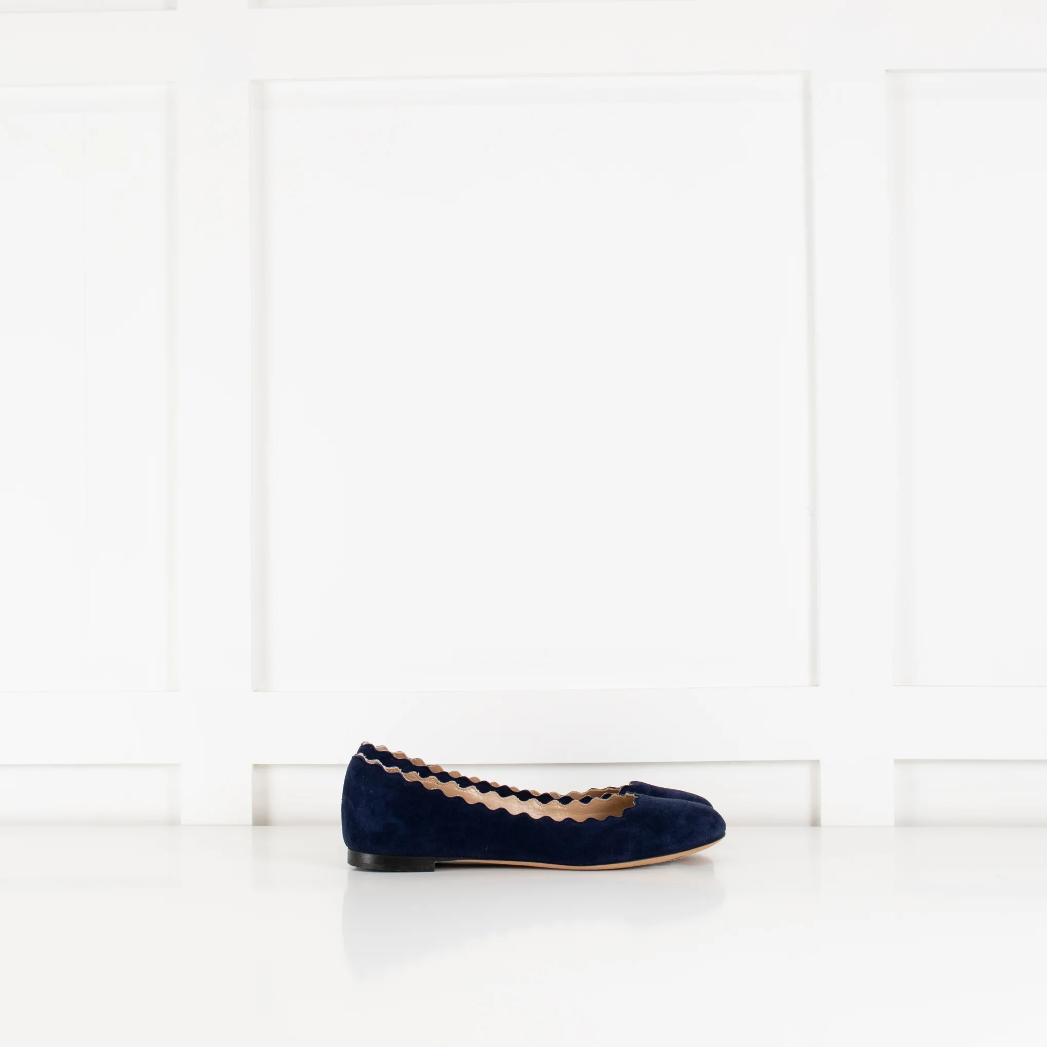 Chloe Navy Blue Scalloped Edge Flat Lauren Ballerina Pumps - Image 5
