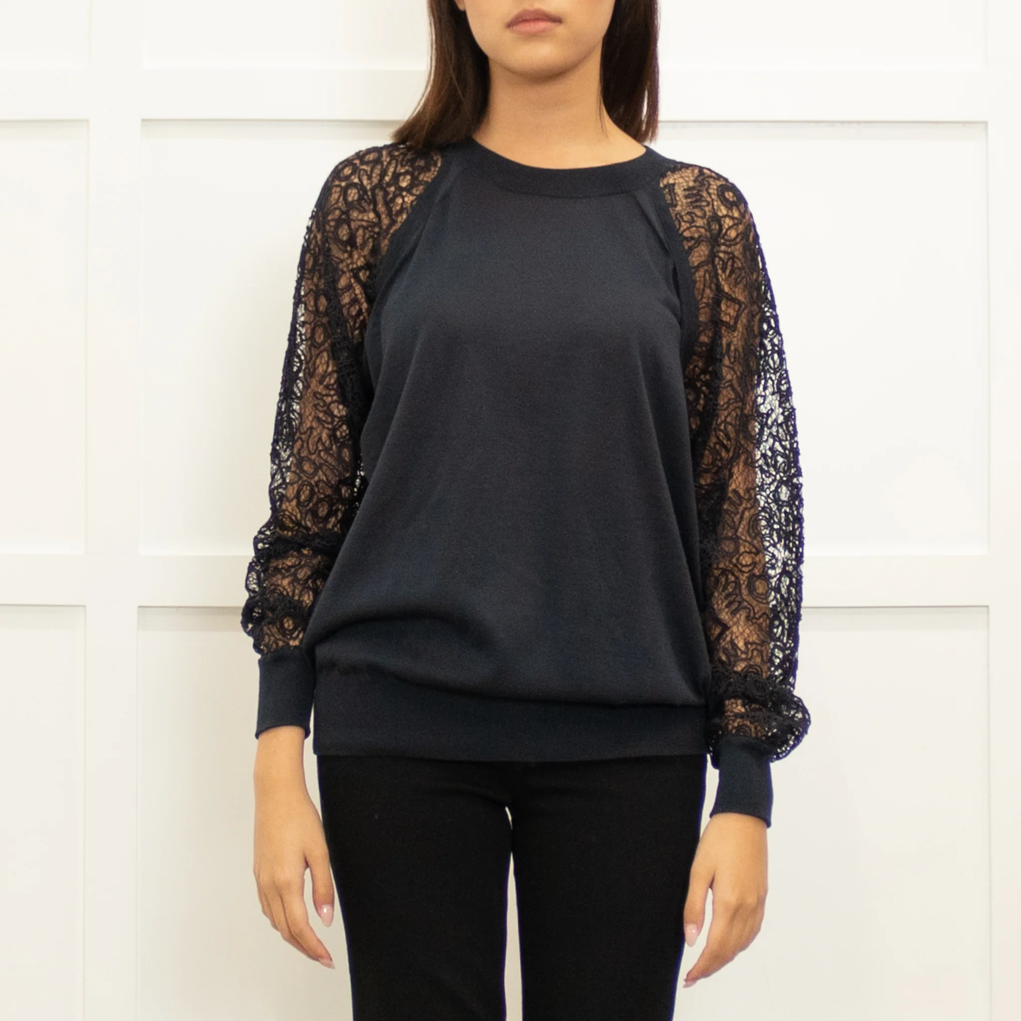 Chloe Navy Net Back Lace Sleeves Silk Blend Knitted Top - Image 2