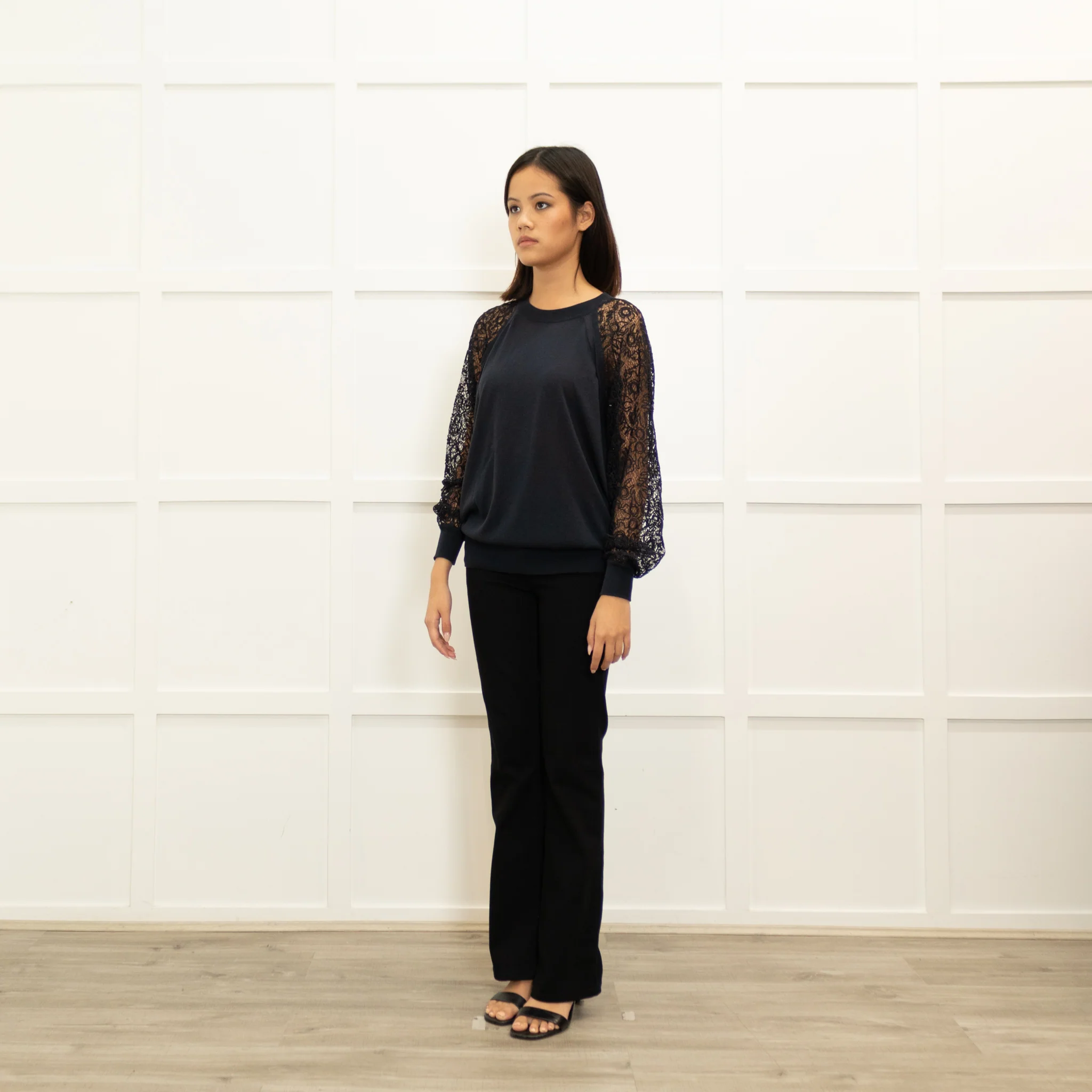 Chloe Navy Net Back Lace Sleeves Silk Blend Knitted Top - Image 7