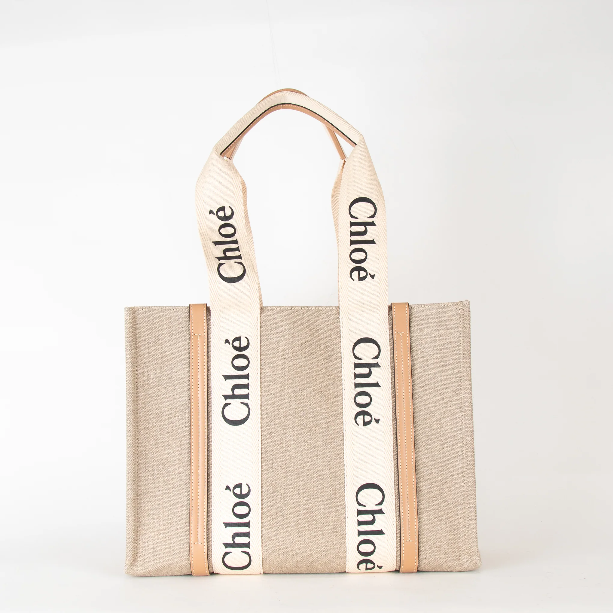 Chloe Neutral Linen Logo Woody  Medium Tote Bag