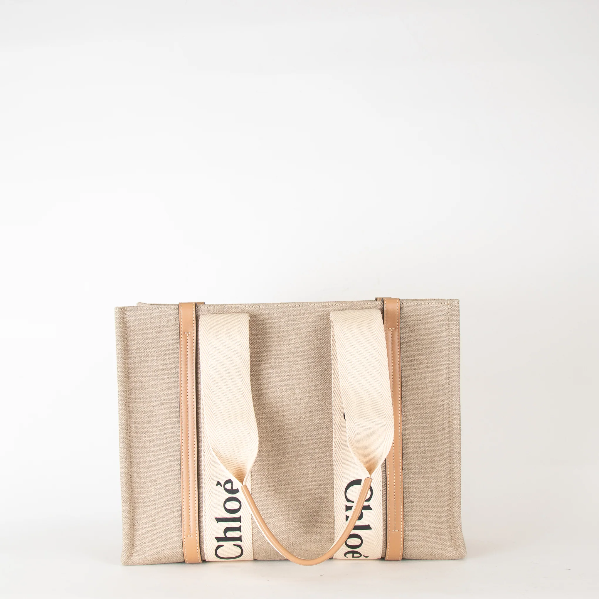 Chloe Neutral Linen Logo Woody  Medium Tote Bag - Image 5