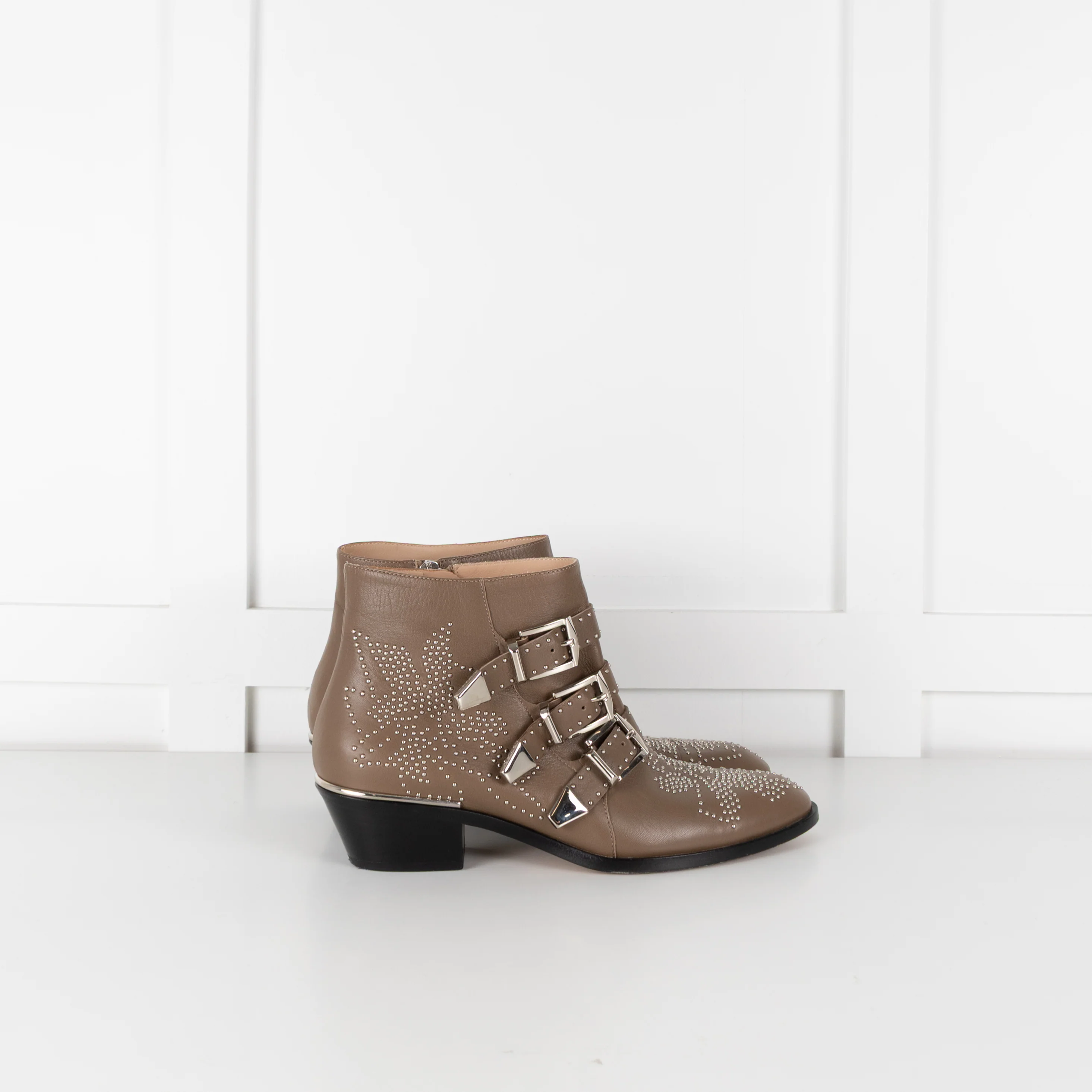 Chloe Taupe Susanna Silver Studded Leather Ankle Boots - Image 5