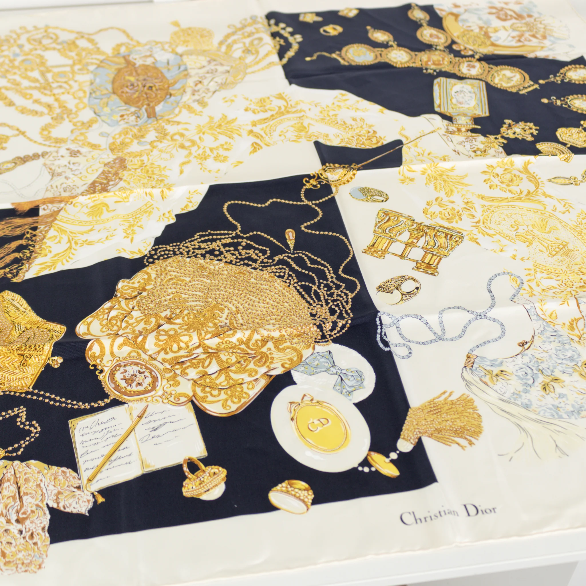 Christian Dior Black, Cream And Gold Silk Scarf - Image 10
