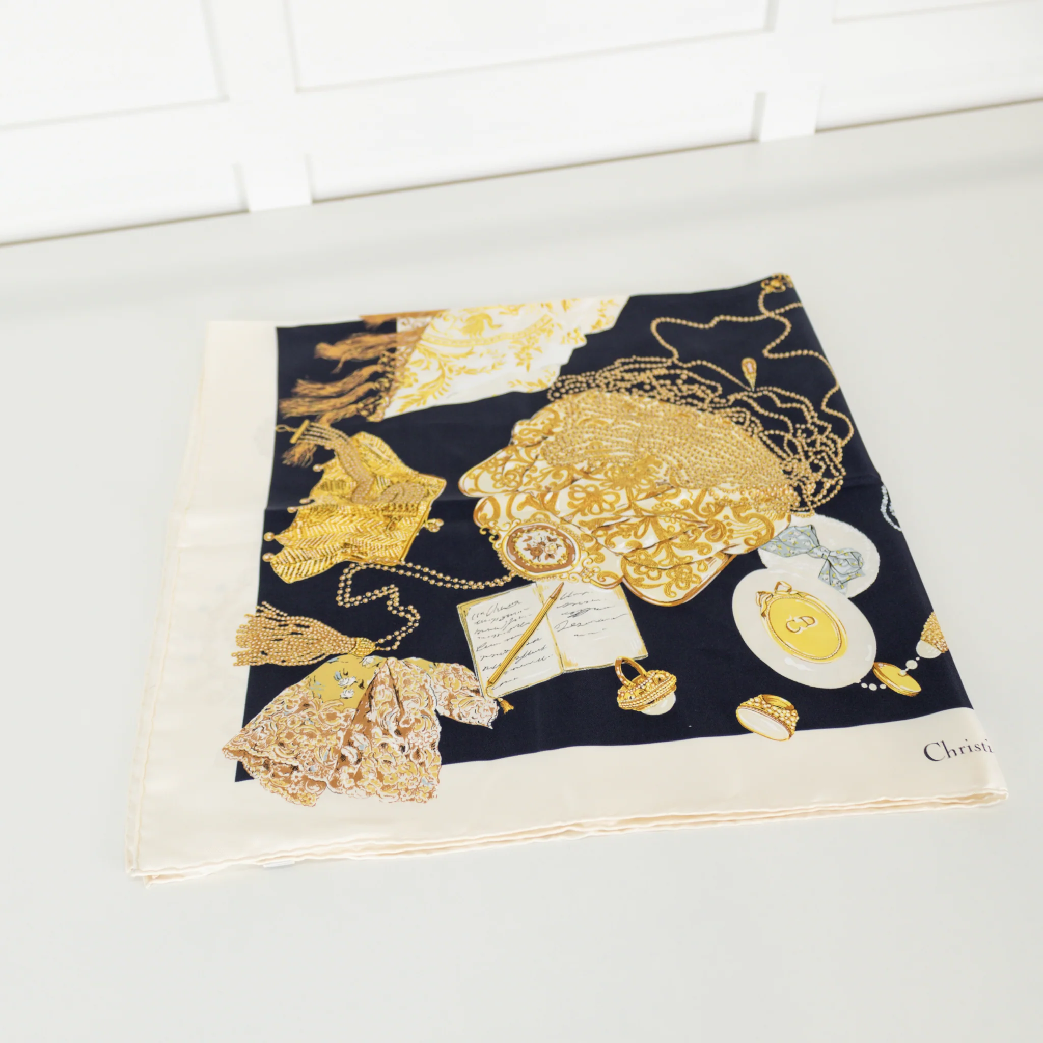 Christian Dior Black, Cream And Gold Silk Scarf - Image 5