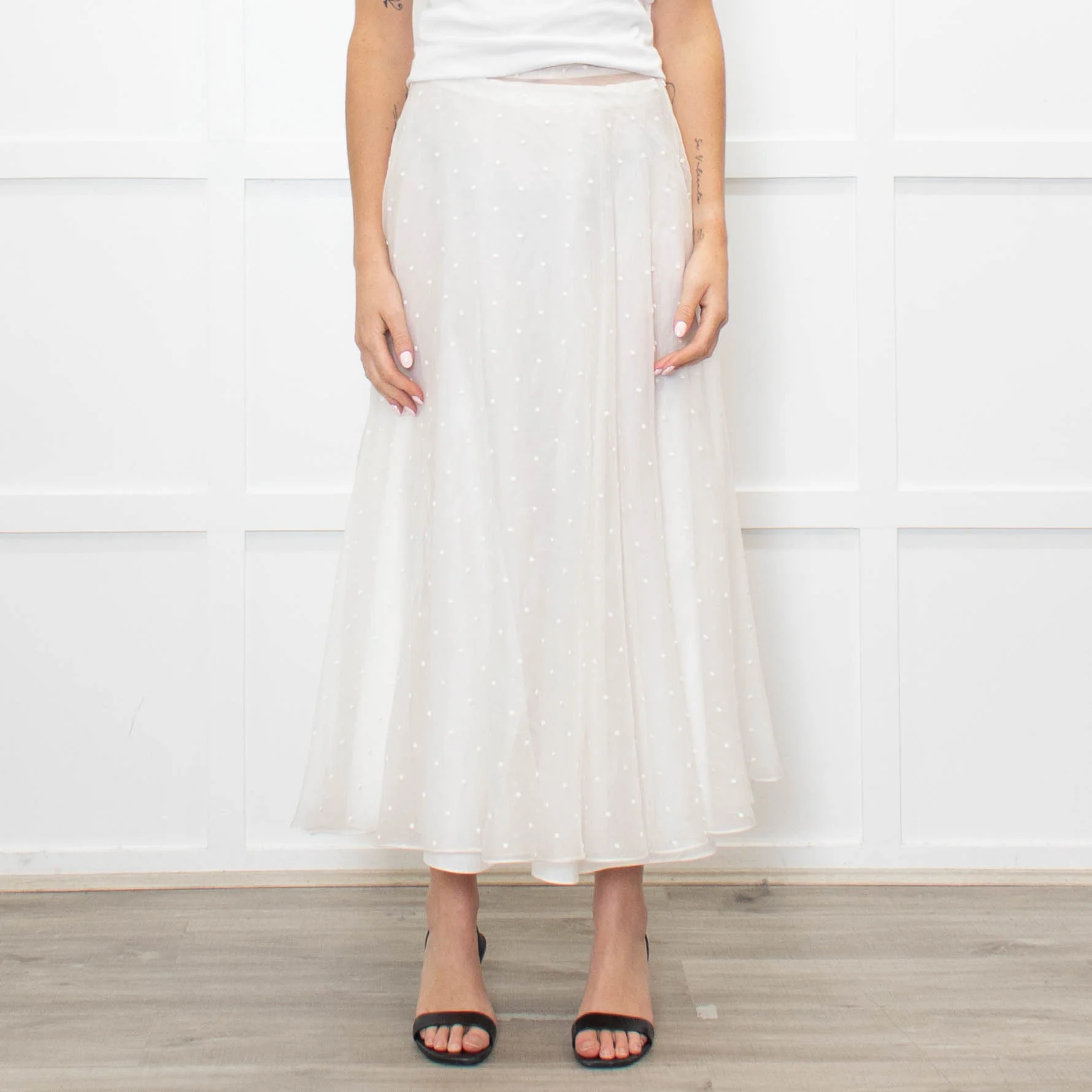 Christian Dior Cream Silk Polka Embroidered Maxi Skirt - Image 2