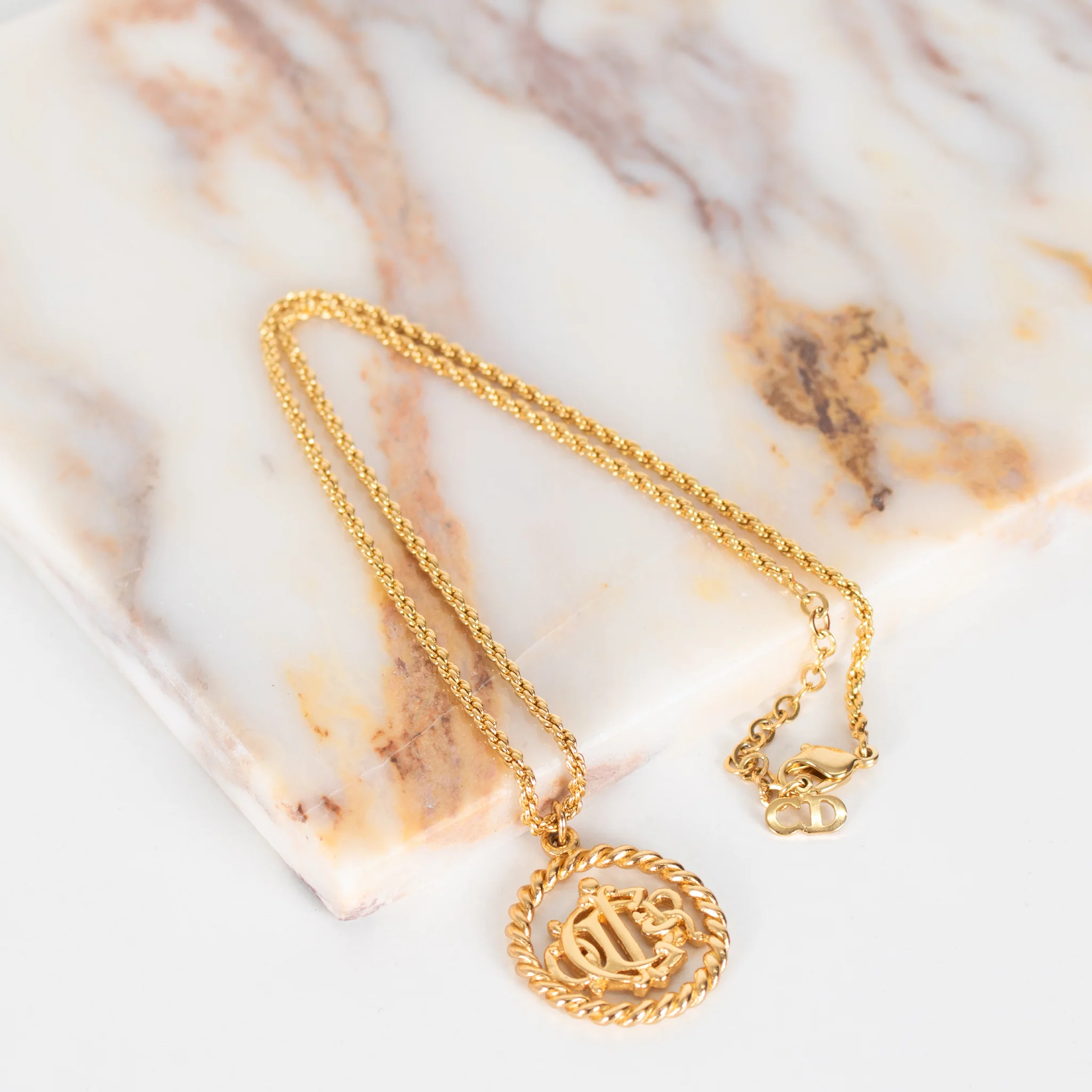 Christian Dior Gold Tone Logo Medallion Necklace